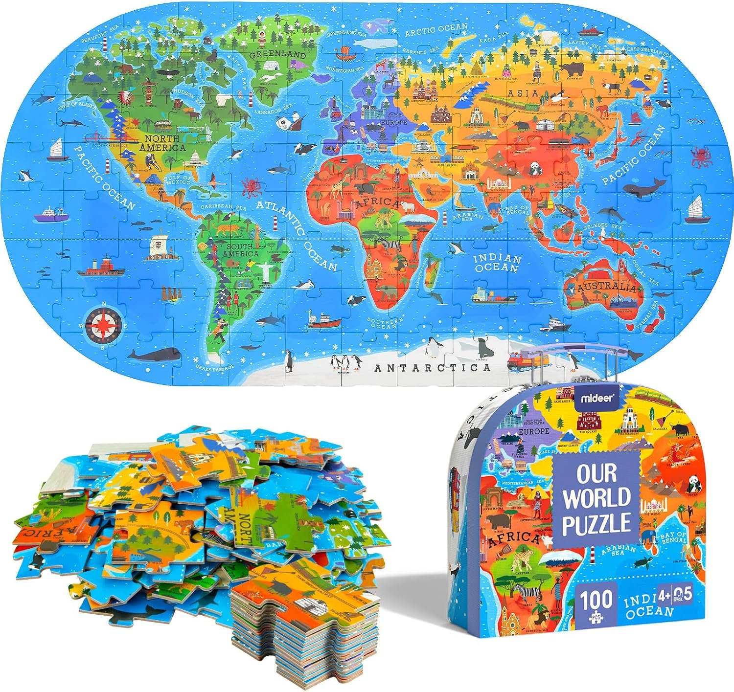 Mideer World Map Puzzle for Kids Ages 4-8, 100 Piece Floor Jigsaw Puzzle for Toddlers with Continents, Geography Educational Toys for Boys Girls, Globe Atlas Preschool Learning Game for Kids Ages 4-6