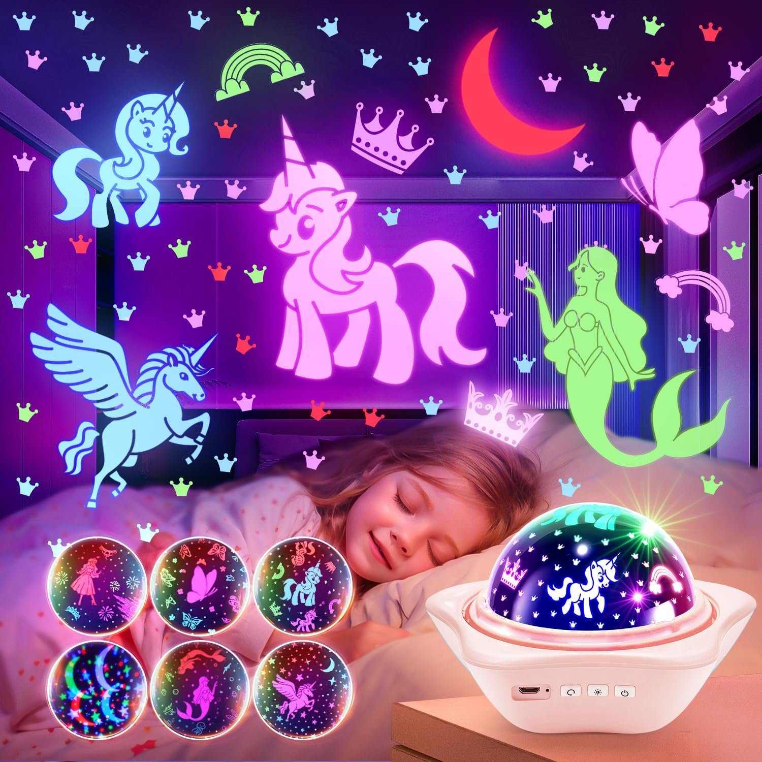 Unicorn Toys for 1-10 Year Old Girls Gifts, 6 Films Star Light Projector | 96 Colors Rechargeable Lights for Bedroom Decor, 360° Rotating Unicorn Pony Mermaid Princess Baby Girl Birthday Gifts Age 1-8