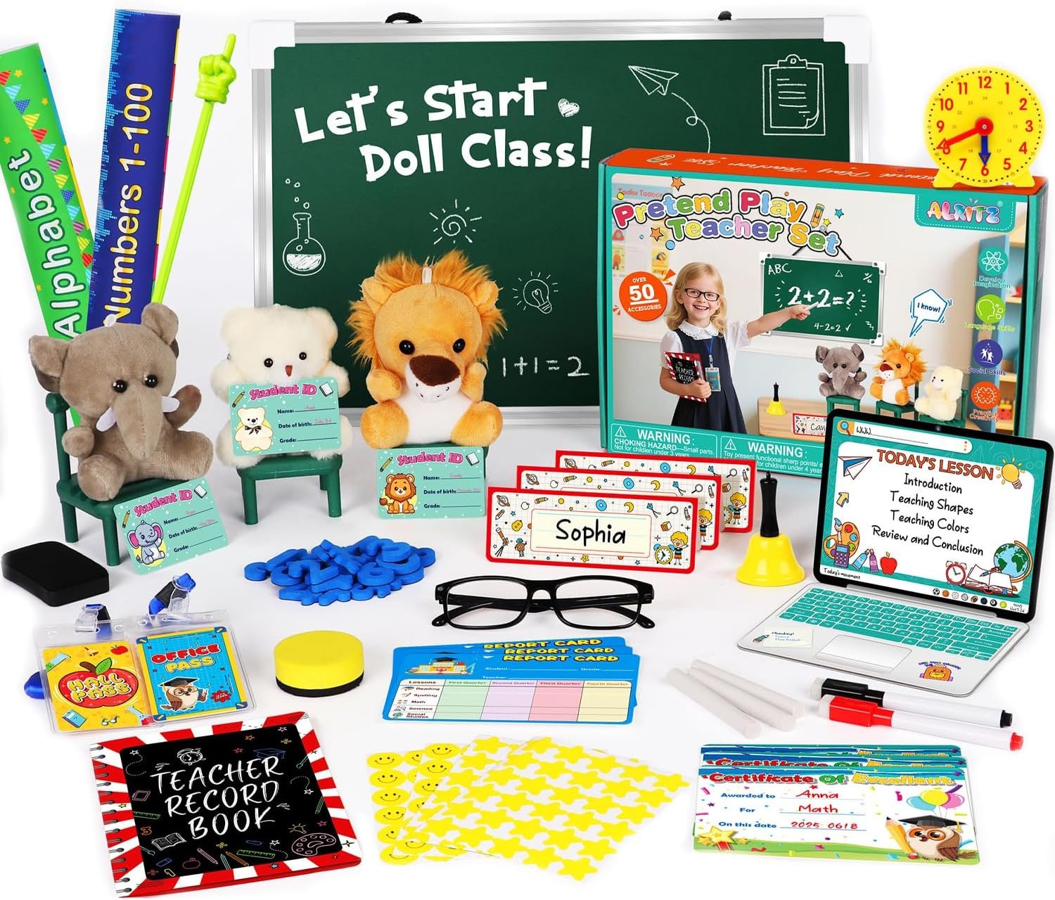 Alritz Role Pretend Play Teacher Set with Dolls for Kids Ages 6+ | includes dolls, toy laptop & blackboard, preschool learning activity, role play classroom set