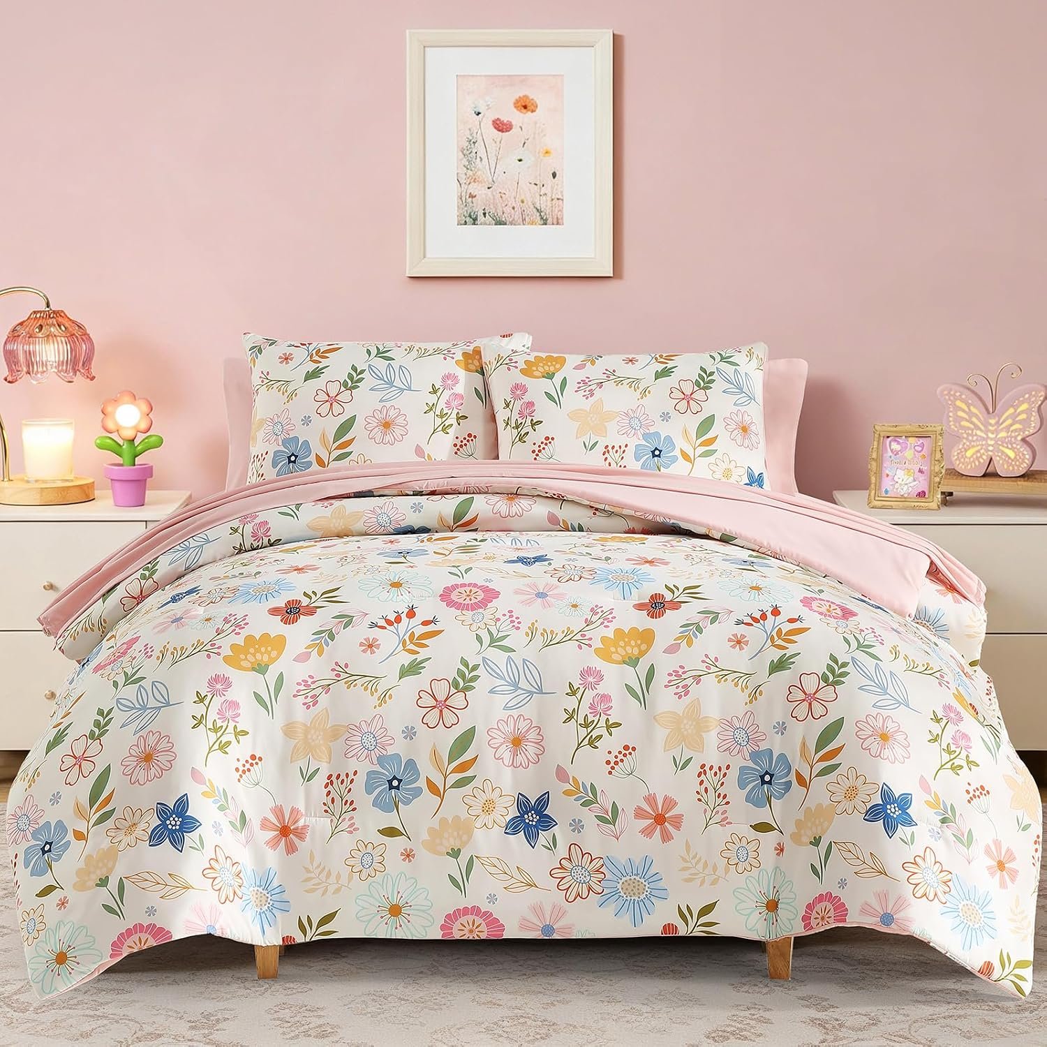 Kaleido Space Twin Comforter Set for Girls Kids – 5 Pieces Pastel Garden Patterns Twin Bedding Sets for Girls Teen, Soft Cozy Bed in A Bag with Sheets