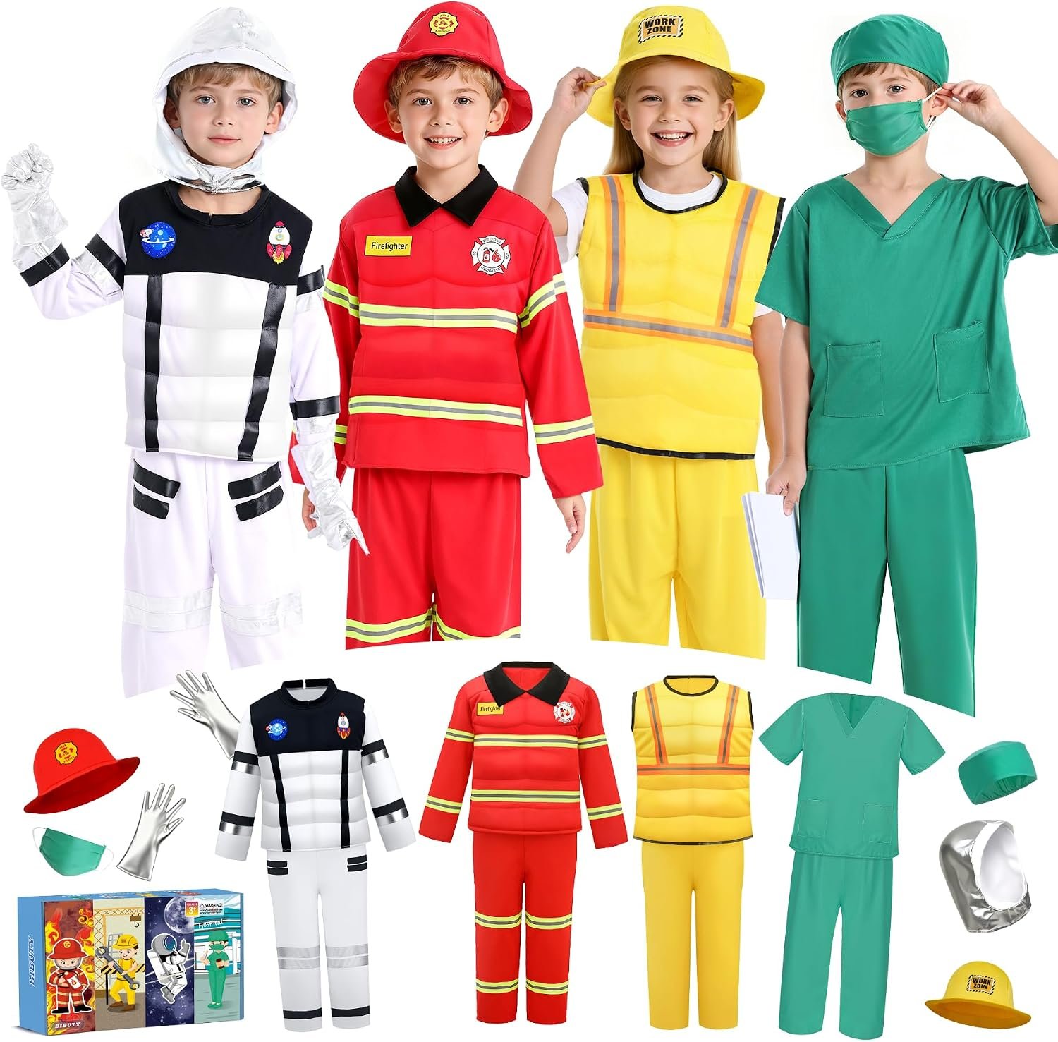 Costumes for Kids Boys Dress up Clothes for Play, Kids Dress up Costumes with 4 Sets Astronaut/Doctor/Fireman/Construction Costume, Toddler Dress up Clothes Career Day Costume for Boys 3-6