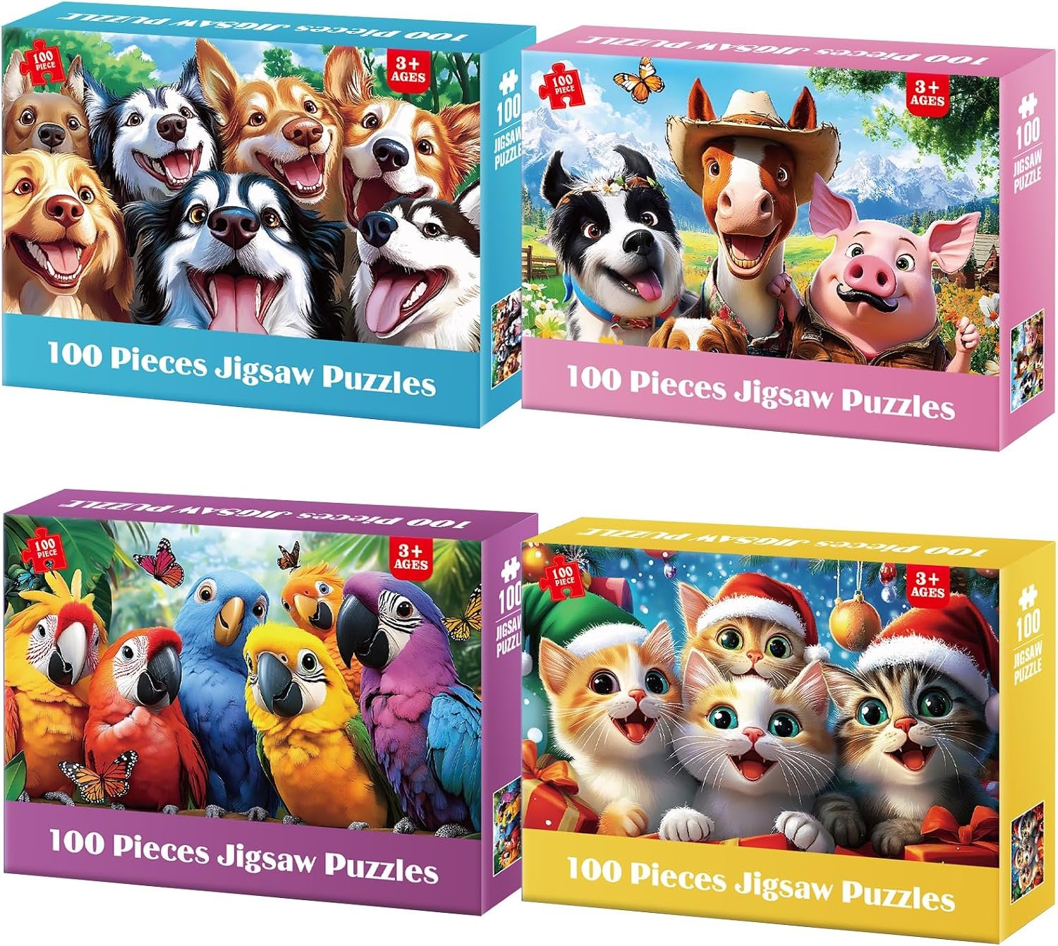 4 Packs 100 Piece Puzzles for Kids Ages 4-6 6-8 – Lovely Animals Selfies, Large Piece Puzzles for Seniors Adults Puzzle for Kids Ages 8-10 Educational Learning Puzzle Toys Gifts for 5 Year Old Child