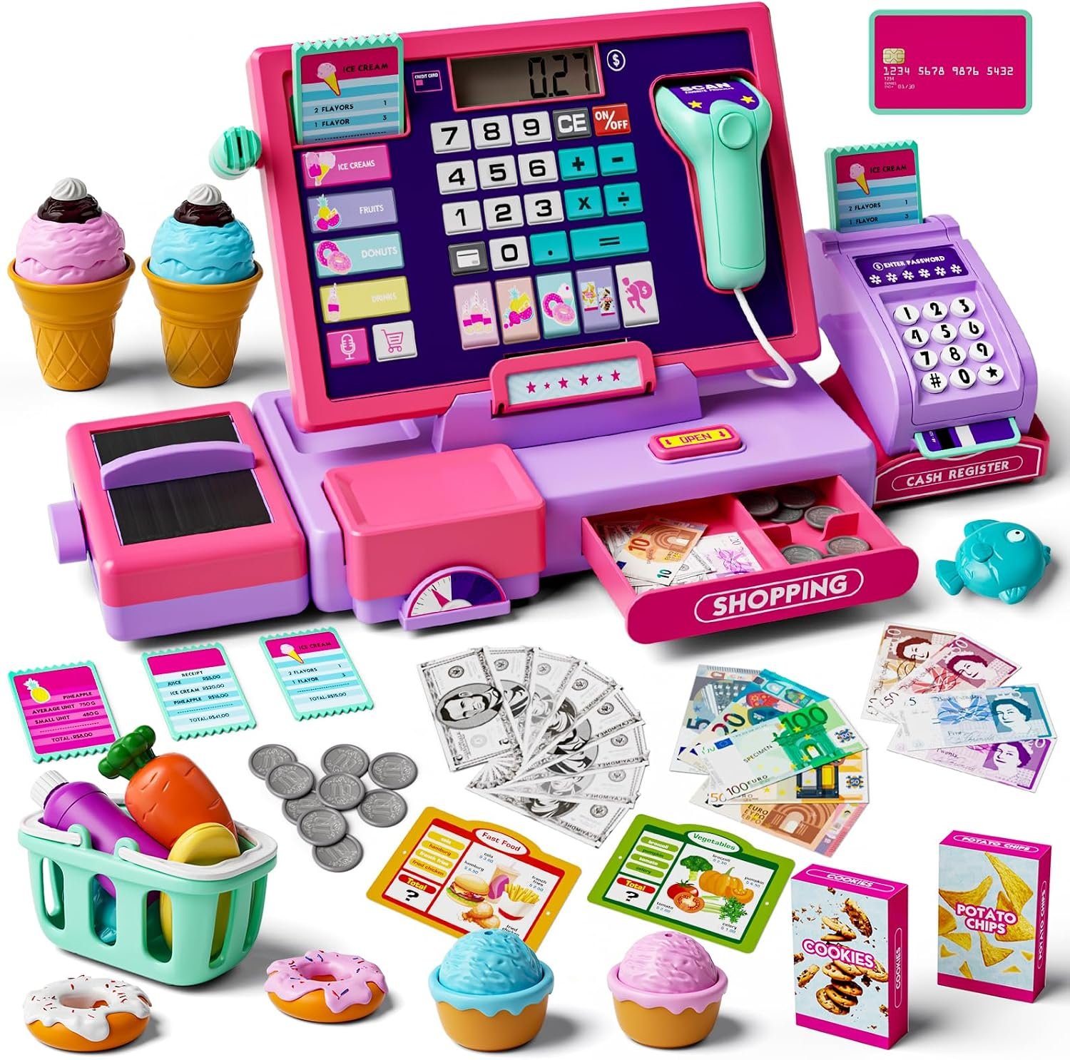 Upgraded Kids Cash Register Toy for Boys Girls, Toddler Pretend Play Cashier Register with Shop Accessories, Calculator Cash Register with Scanner/Credit Card (Pink)