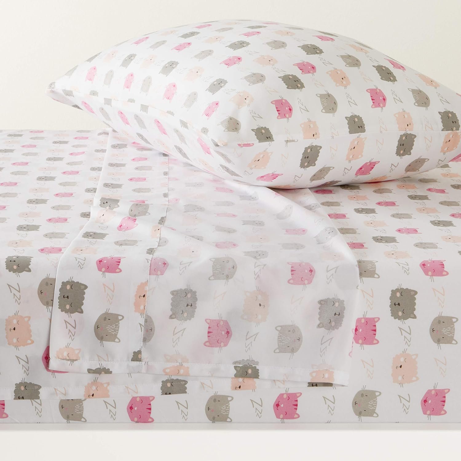 Amazon Basics Kid’s Soft, Breathable, Easy-Wash Microfiber 3-Piece Sheet Set with Pillowcase, Twin, Peony Pink Kitties, Animal Print