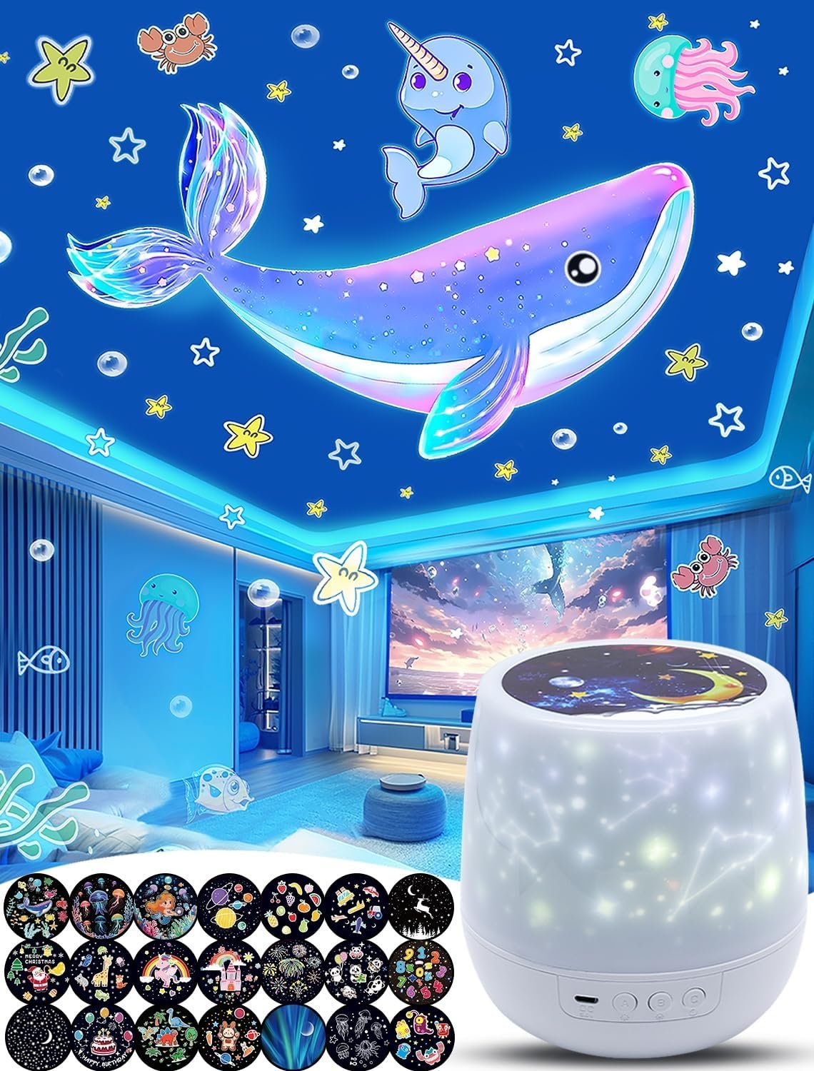 Projector Night Light for Kids + 21 Sets of Films, Night Light Projector for Bedroom, Ceiling, Kids Star Galaxy Projector with 360° Rotation for Baby Girl Boy, Birthday, Christmas, Nursery, Room Decor