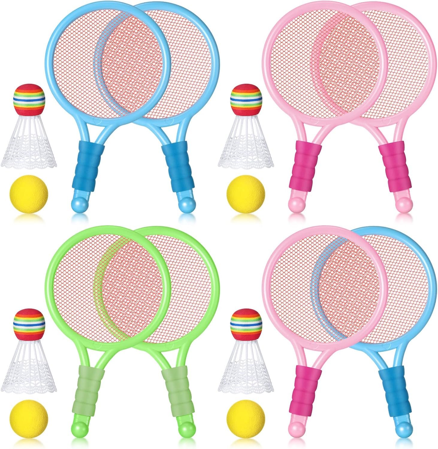 Wettarn 8 Pcs Plastic Kids Tennis Racket with 4 Tennis Balls and 4 Shuttlecocks Training Balls Beach Racket Set in 3 Colors for Kids Outdoor Sports Gifts