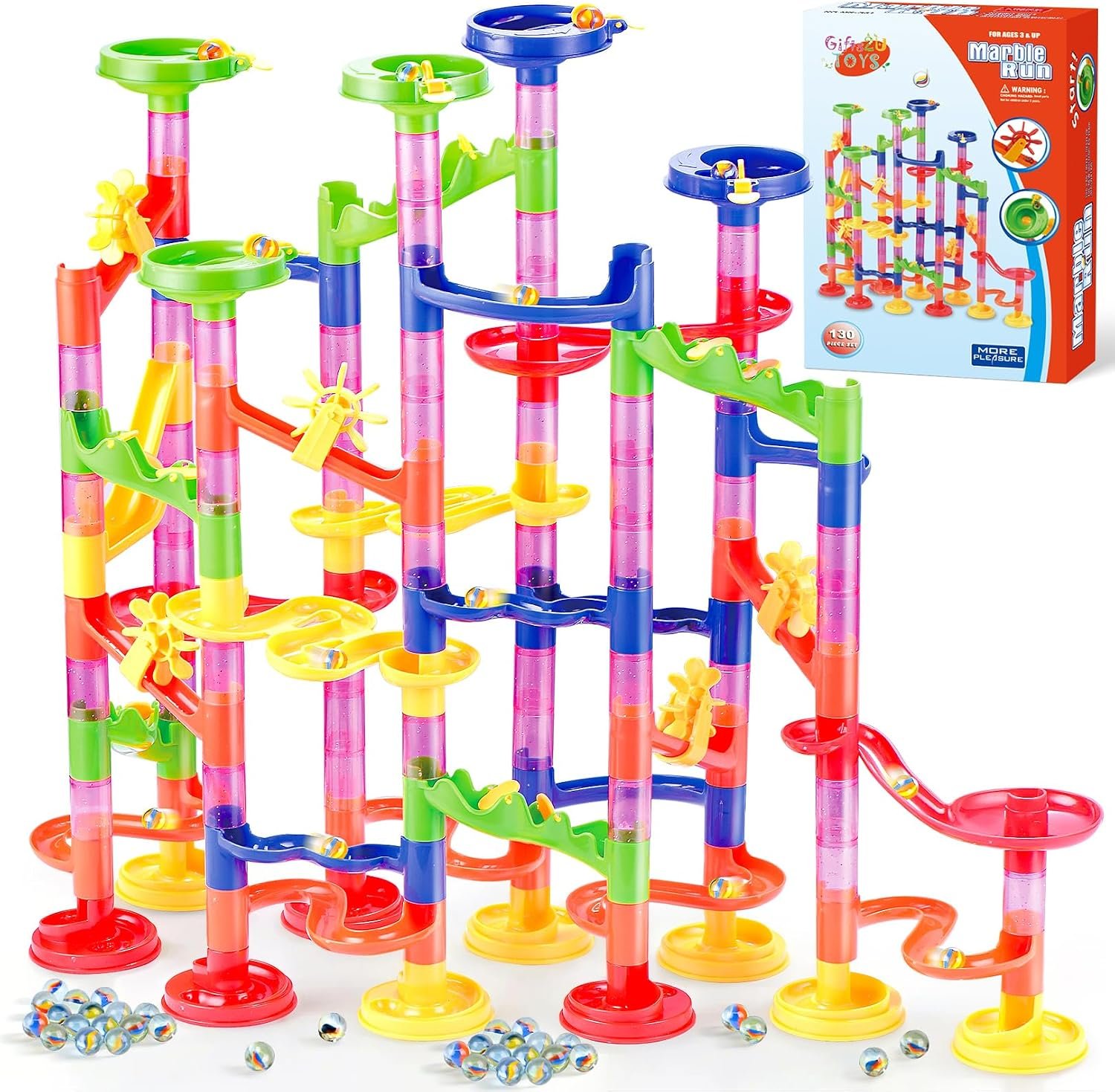 Gifts2U Marble Run, 130Pcs Educational Construction Maze Block Set for Kids | Translucent ABS Tracks, Glass Marbles, STEM Building Toy, Parent-child Play Game, Birthday Christmas gift, Ages 4–12