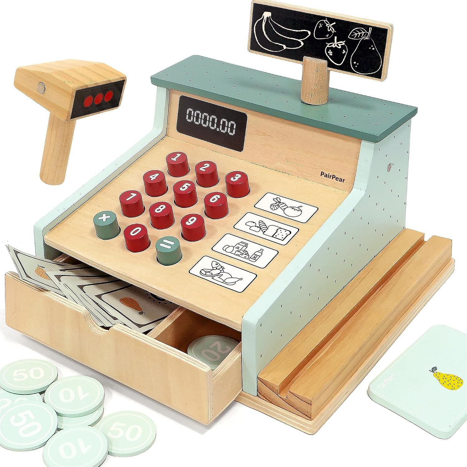 PairPear Wooden Cash Register with Scanner Kids Play Money Counting Toys | Pretend Play Fake Money Cash Register Toy Grocery Play Food Accessory Gift for Pre-School Gift Boys Girls 3+