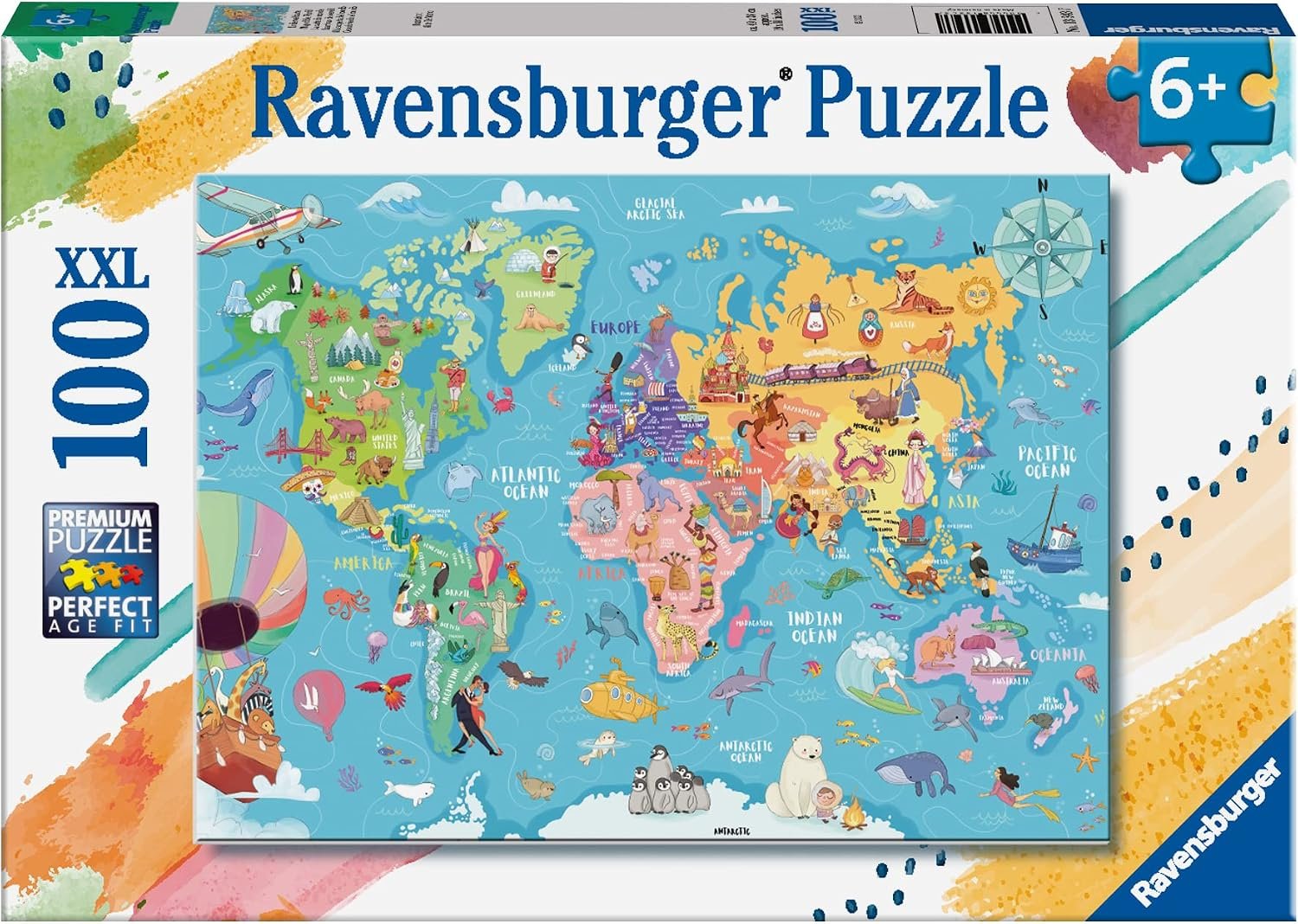 Ravensburger – World Map – 100 Piece Jigsaw Puzzle – XXL Pieces for Easy Assembly – Exciting, Bold and Colorful Imagery of Our World – Premium Quality – Ideal Gift – Screen-Free Fun – Children Age 6+ | 100 piece XXL puzzle from the world map, educational and fun, ideal as an original gift for children from 6 years.