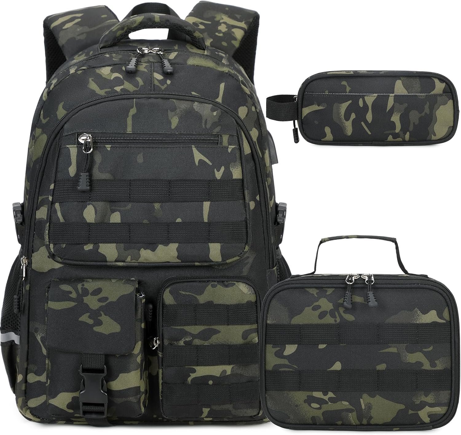 DIGOBAY Camo Backpack for Boys with Lunch Box Pencil Case USB Charging Port | Tactical Boys Backpack for School Kids Military Army Schoolbags for Boy Teens Kids Elementary Middle High, Black Grey Camo