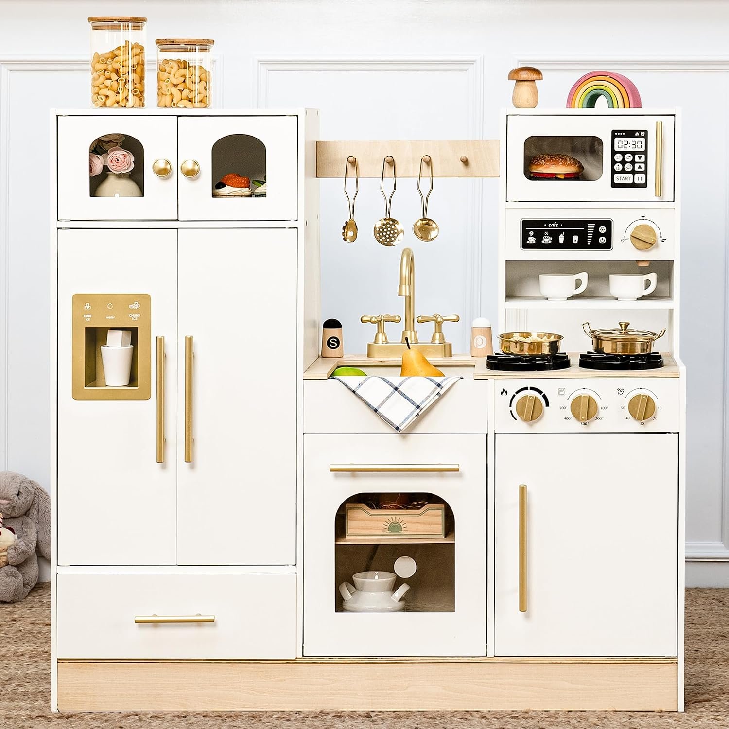 Wooden Kitchen Playset with Tall Toy Fridge, Sink and Coffee Station 3Y+ | Durable Wood Construction, Large Storage and an Elegant White-and-Gold Finish Create Organized Pretend Play