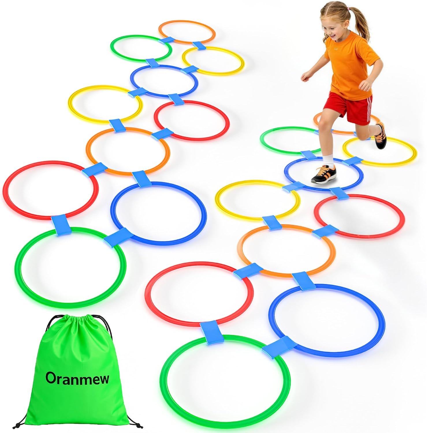 20Pcs 11″ Hopscotch Rings, Agility Rings for Kids Obstacle Course | Storage Bag & 30 Connectors! Builds Gross Motor Skills for Indoor/Outdoor Playground. Preschool & Kindergarten PE, Ages 3+
