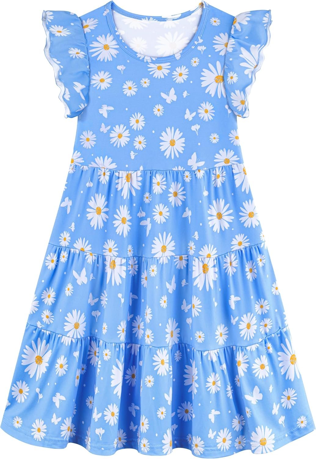Poroka Girls Ruffle Sleeve Dress Tiered Swing A-Line Twirly Skater Midi Casual Dress for Kids with Pockets Summer Fall Winter