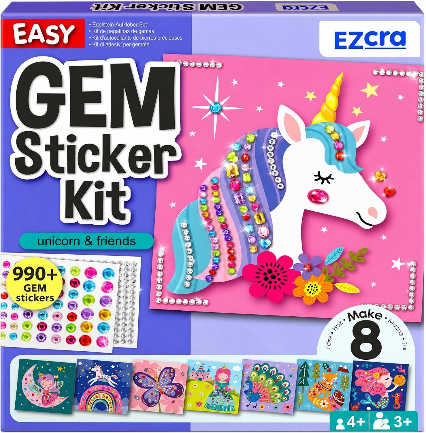 EZCRA Gem Sticker Kit for Kids – 990+ Stickers, 8 Unicorn Princess Themes | Diamond Art Stickers and Gem Craft Set. Mess-Free and DIY Arts and Crafts. Birthday and Holiday Gift for Girls Ages 3-8.