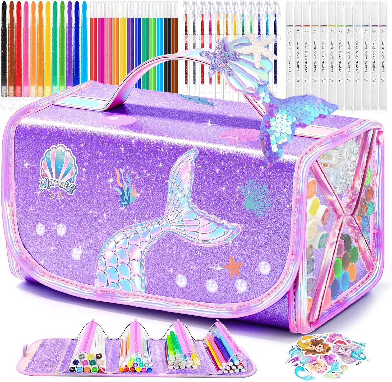 Mermaid Arts and Crafts for Girls Ages 4–5–6–7–8, 70 PCS Art Supplies Set for Kids with Washable Markers, Bonus Mermaid Hairpin, 3D Glitter Case, Scented Gel Pens & Twist-Up Crayons, Birthday Gift