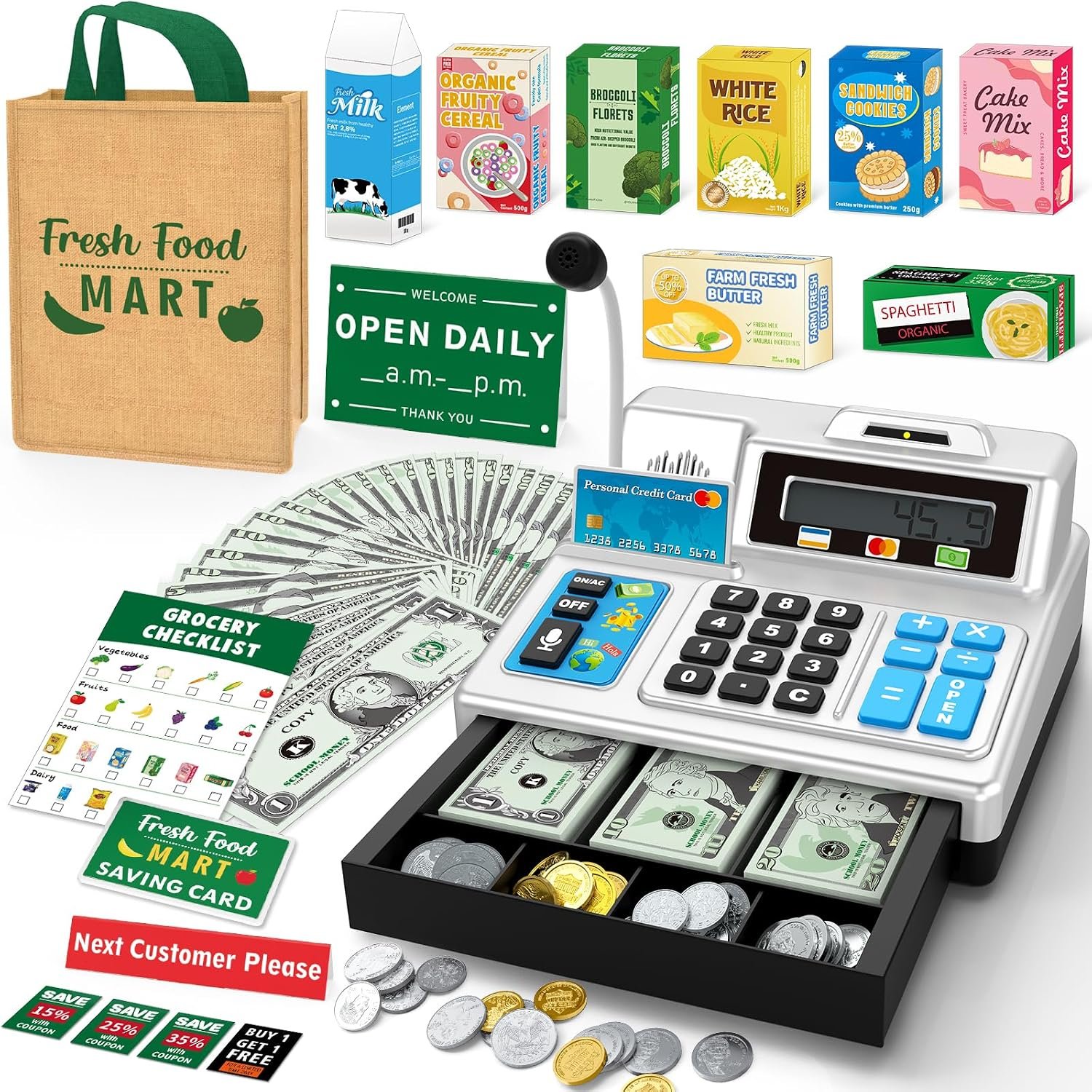 Calculator Cash Register Toy Gift for Kids Age 3, 4, 5, 6, 7, 8+ Year Old, 120 Pcs Grocery Store Playset with Toy Cash, Grocery Boxes， Microphone, Play Cash Register for Toddlers 4-8, Silvery