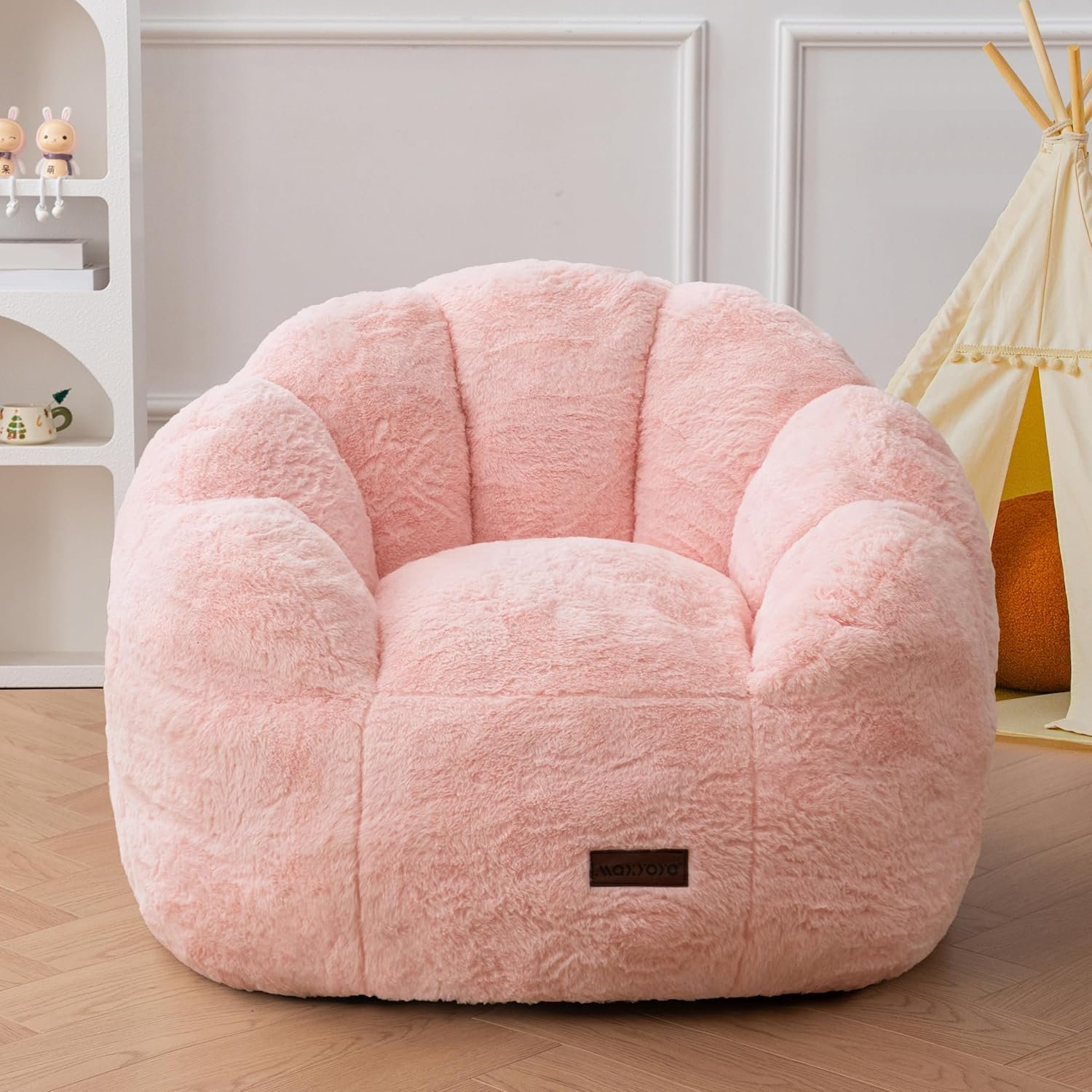 MAXYOYO Kids Bean Bag Chair, Floral Shaped Bean Bag Sofa, Pink | Plush Faux Fur Toddler Couch with Petal Backrest for Boys Girls, Stuffed Cozy Sofa for Nursery, Bedroom