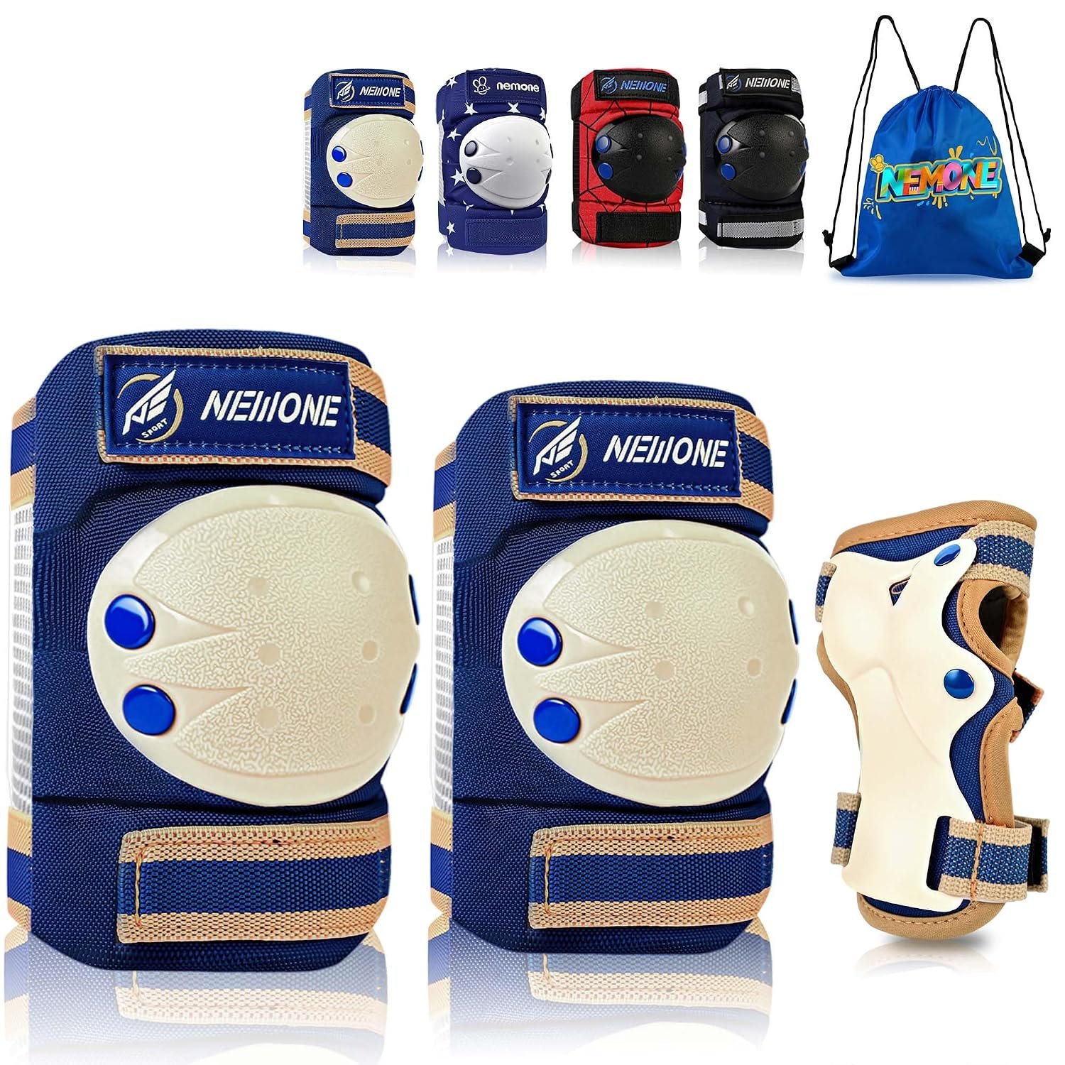 NEMONE Knee Pads for Kids, Girls Boys Knee Elbow Pads Wrist Guards with Drawstring Bag, Adjustable Reflective Protective Gear Set for Roller Skates Bike Cycling Skateboard Scooter – Brown S