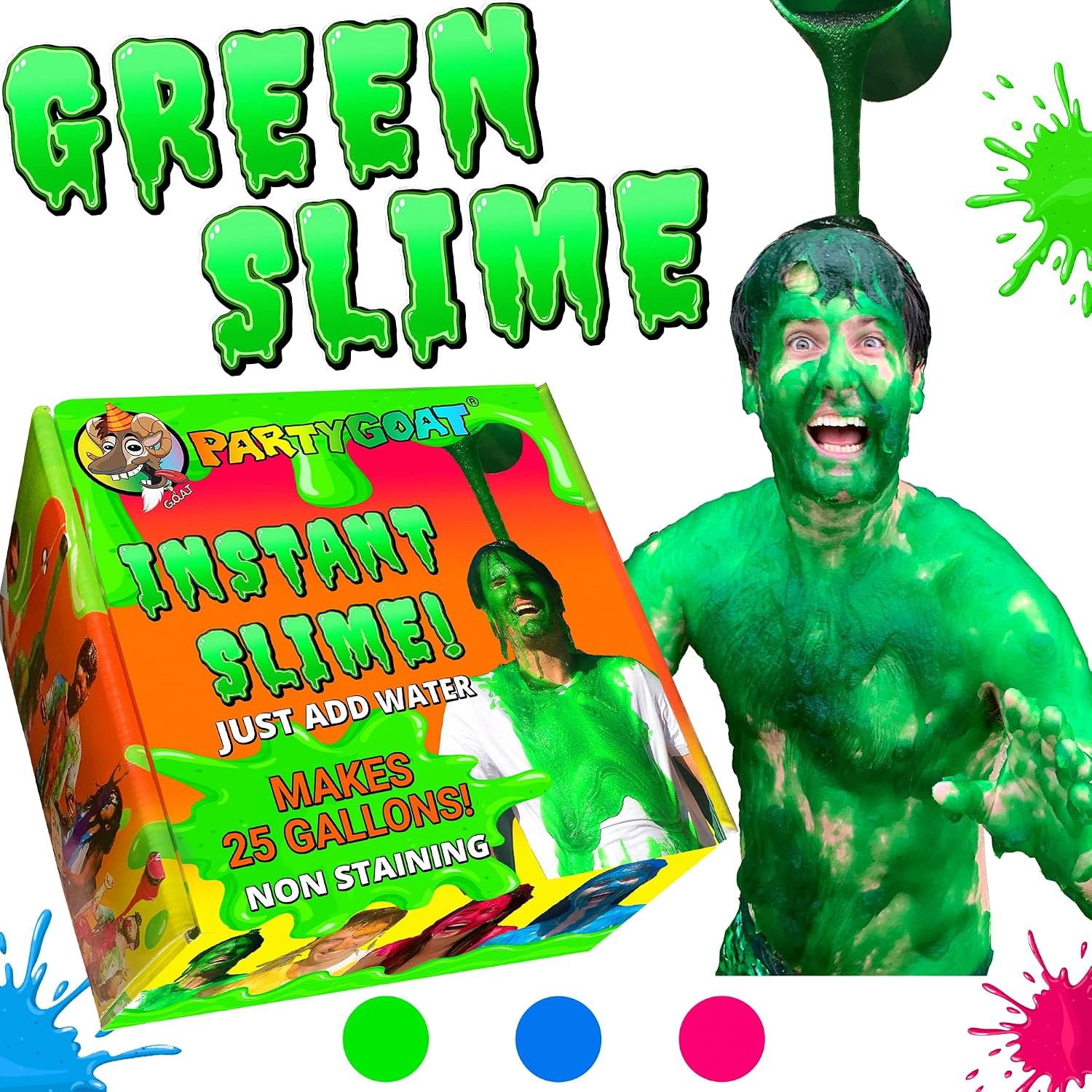 PARTY GOAT Instant Green Slime Powder, Bulk 25 Gallon Kit, Just Add Water | Liquid slime mix to dump & pour on people at fundraisers like slime the teacher; fill a color run pool, buckets, guns & tubs