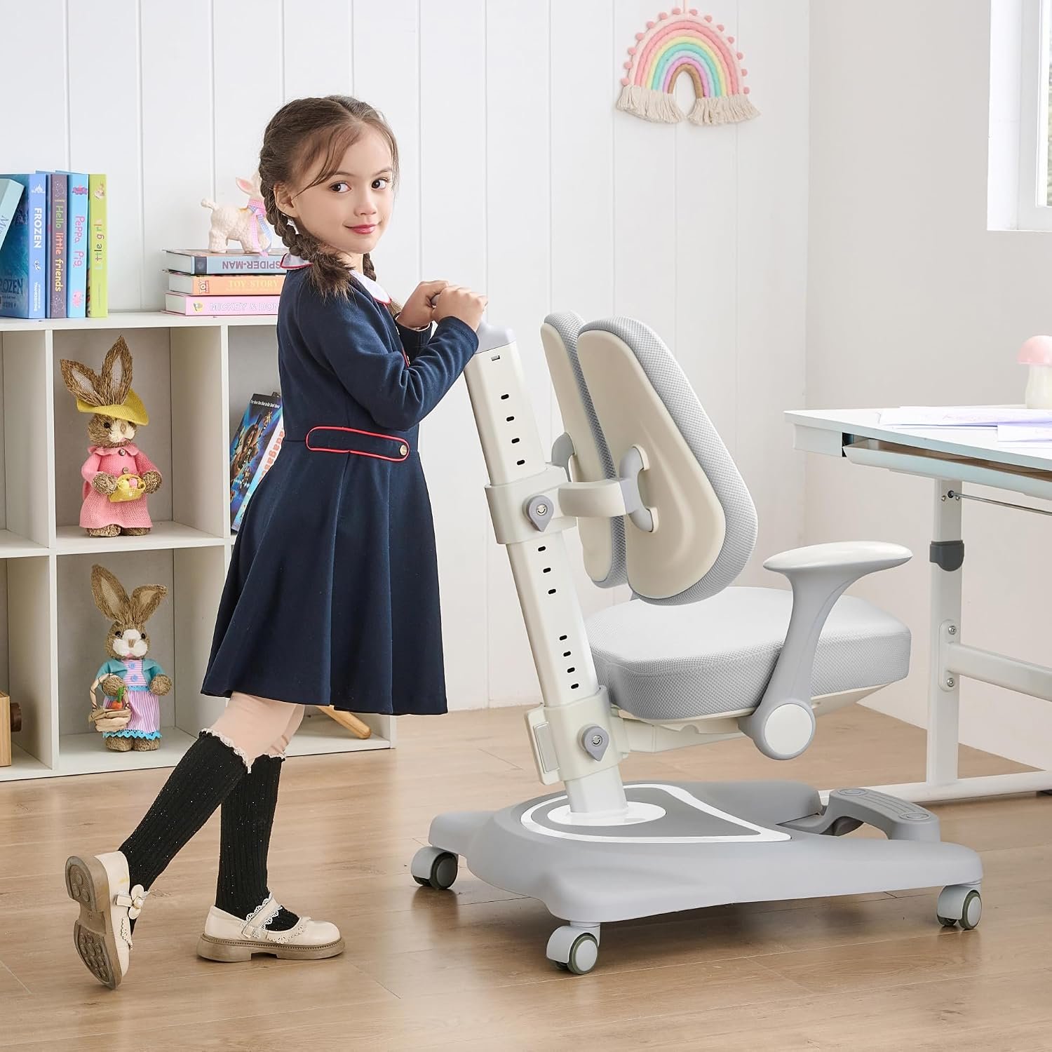 ERIYA Kids Desk Chair,Ergonomic Chair: Height-Adjustable(Grey) | Double Back Support – Multifunctional for Study/Work/Dining | Ideal for Kids, Petite Adults – Ultra-Comfy (Bedrooms, Schools)