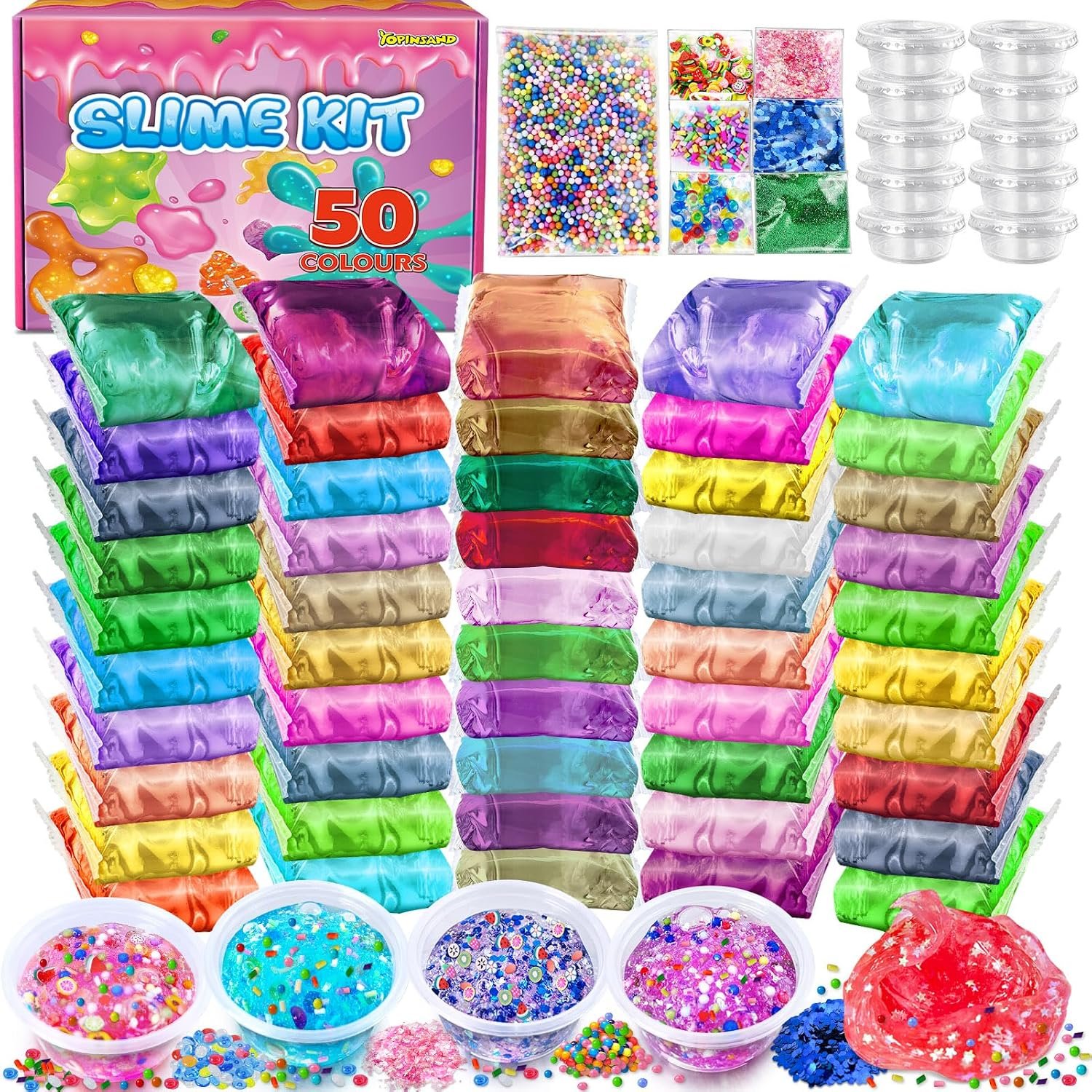 50 Pack DIY Slime Kit, Slime Making Kit for Girls, Premade Clear Slime | with Add-ins, Foam Balls, Glitters, Slime Party Favors Gift Toys for Kids 3-12