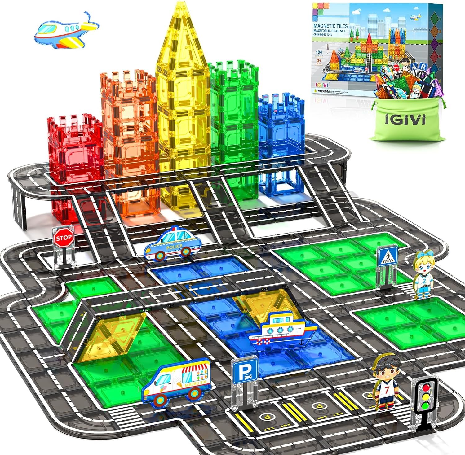 104 PCS Magnetic Tiles Road Set, STEM Magnet Toys Gift for 3+ Year Old Boys | Construction Toys for Kids Ages 3-5 5-7 4-8, Magnet Building Blocks for Toddler, Christmas Birthday Gifts for Boys Girls