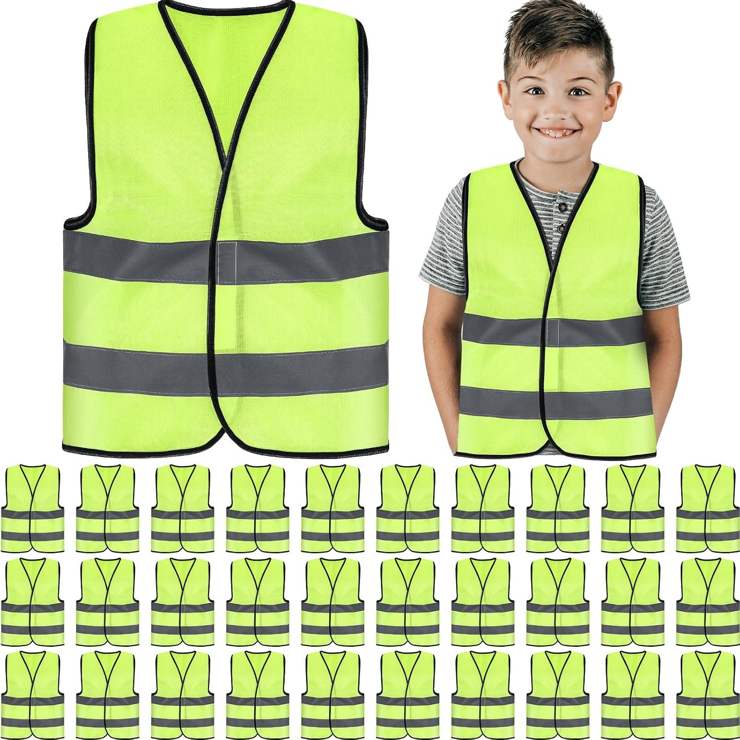 Zhanmai 30 Pcs Kids Safety Vest Bulk High Visibility Reflective Construction Vest with Strips Neon for Traffic Child Outdoor (Yellow)