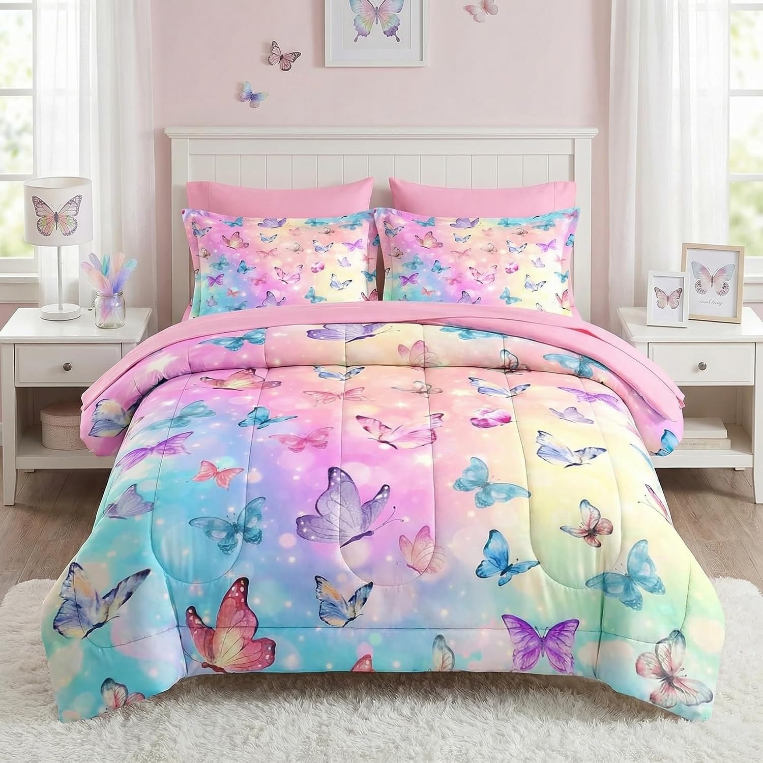 Pamnest Twin Comforter for Girls, 5 Pieces Butterfly Bedding Sets | Pink Colorful Rainbow Soft Bed in a Bag for Kids with Fitted Sheet Pillowcase & Sham