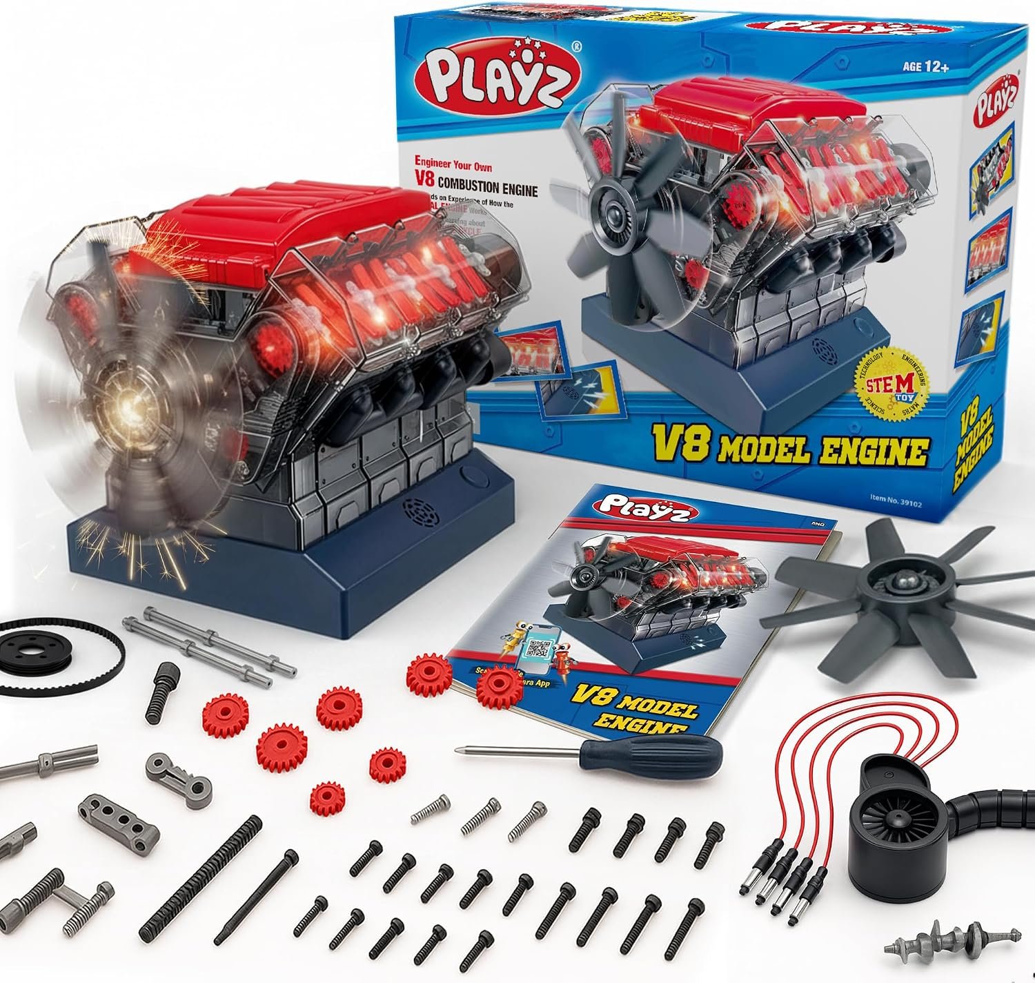 Playz V8 Combustion Engine Model Kit that Runs – Build Your Own STEM Mini V8 Model Engine Kit for Adults & Kids Age 12+, Visible V8 Mini Engine Kit that Works for Adult w/ 270 STEM Parts