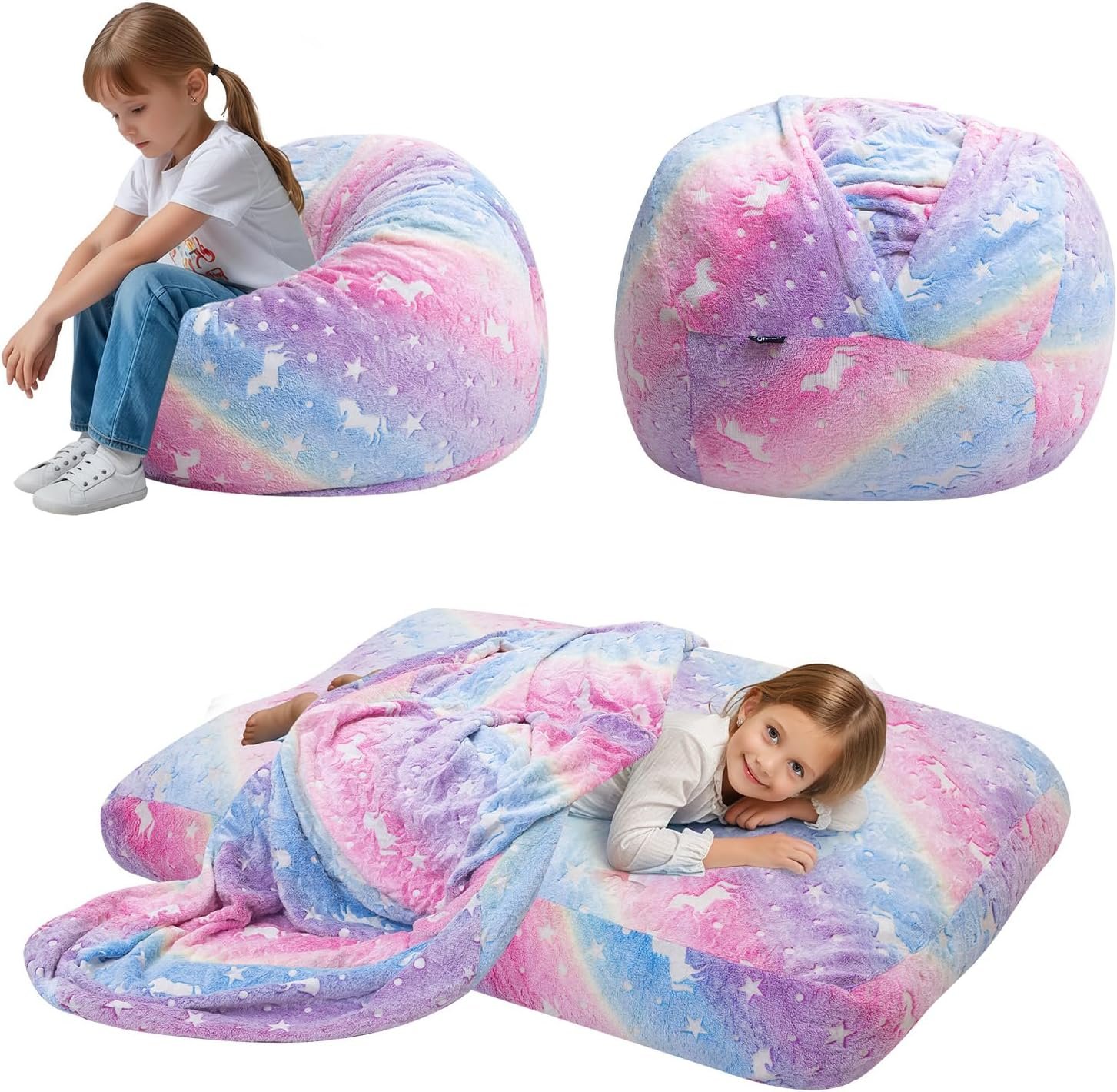 COMAX Bean Bag Chairs for Kids, 3-in-1 Rainbow Unicorn Kids Bean Bag Bed | Convertible Toddler Beanbag Chair Couch with Filler Included, Glow-in-the-Dark Children Bean Sofa for Boys and Girls