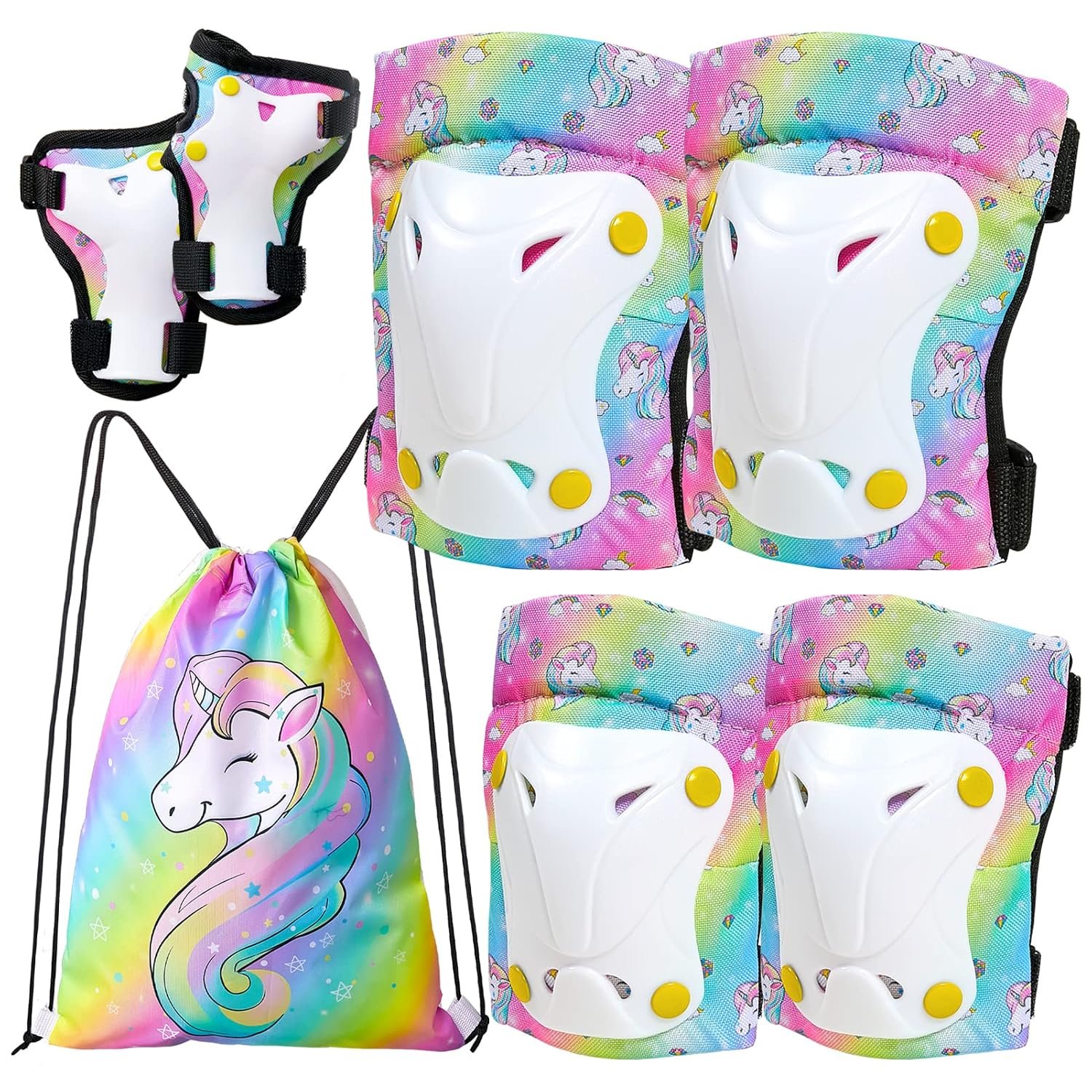 FIODAY Knee Pads for Kids with Drawstring Bag for Girls Boys | Adjustable Toddler Knee Pads and Elbow Pads Wrist Guards Protective Gear Set for Skating Cycling Skateboard Scooter