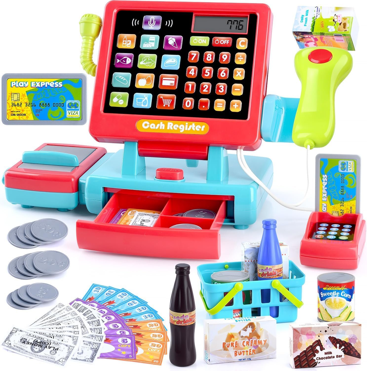 PLAY Kids Cash Register Toy Supermarket with Register Pretend Play Calculator Register Toys with Scanner/Microphone/Credit Card/Conveyors/Cans/Drink/Play Money, Cash Register for Kids Ages 3+