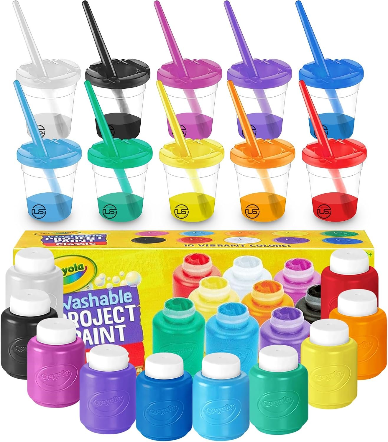Kids Painting Set, Washable Toddler Finger Paint 10 Pack Gift Bundle | Tempera Paint Kit With 10 Paint Colors (2 oz EA), 10 no Spill Paint Cups, 10 Paintbrushes Non-Toxic, Mess-Free Art Supplies