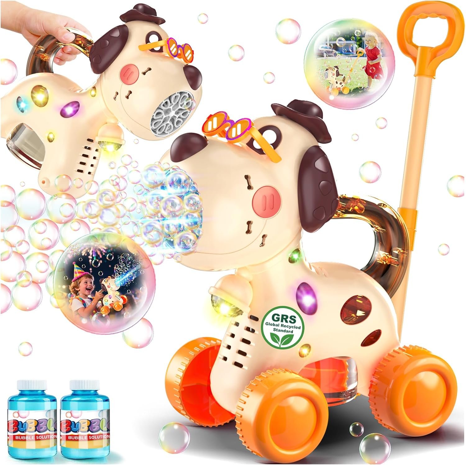 2-in-1 Bubble Machine for Toddlers: 45-Min Push or Hold Playtime | Rechargeable with LED Lights & 15000+ BPM – 2 Play Modes 3-Year Growth Companion – Easy for 18-36 Month Toddlers to use