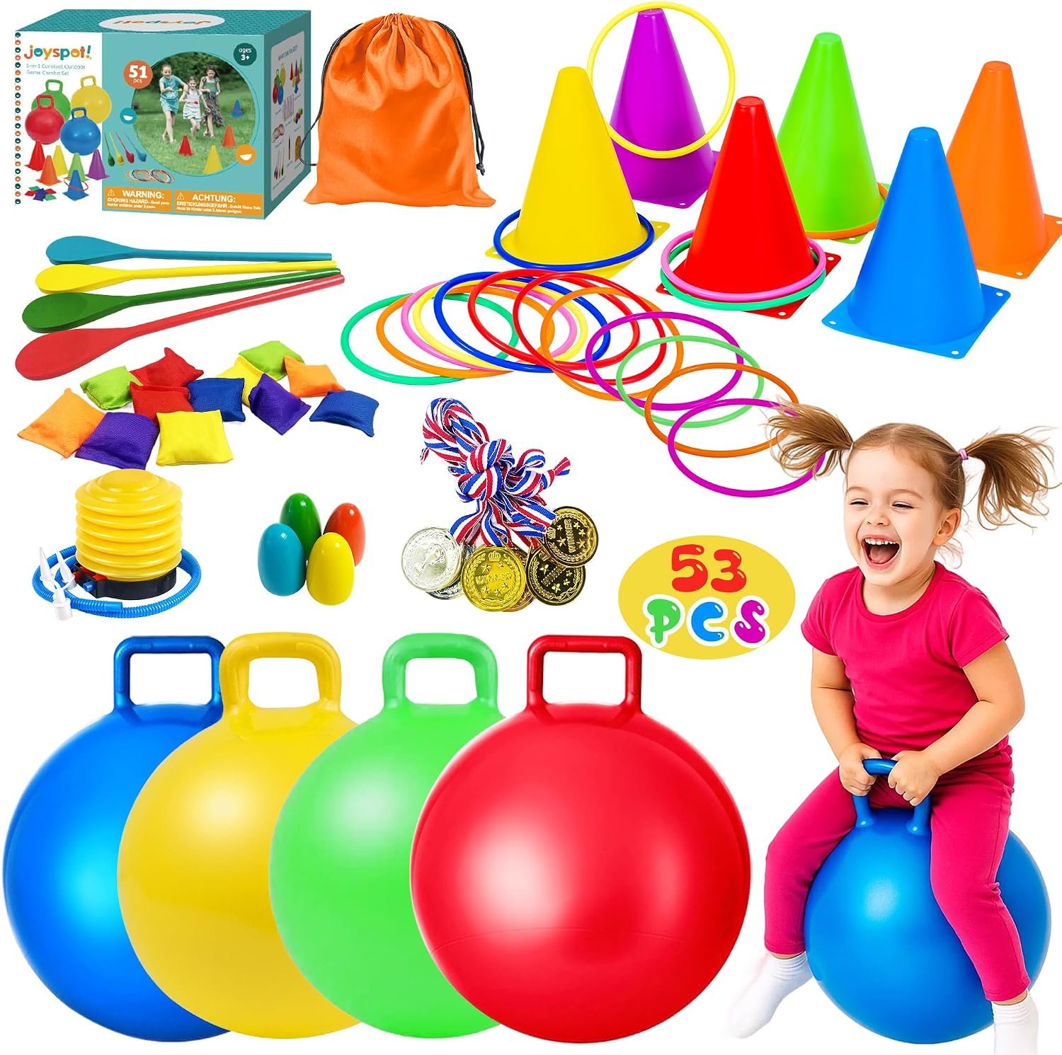 53PCS Carnival Outdoor Games Combo Set for Kids, 18 Inch Hopper Balls | Ring Toss, Bean Bags, Egg Spoon Relay Race, Fun for Backyard, Field Day, Birthday Parties, Family Events, Back to School