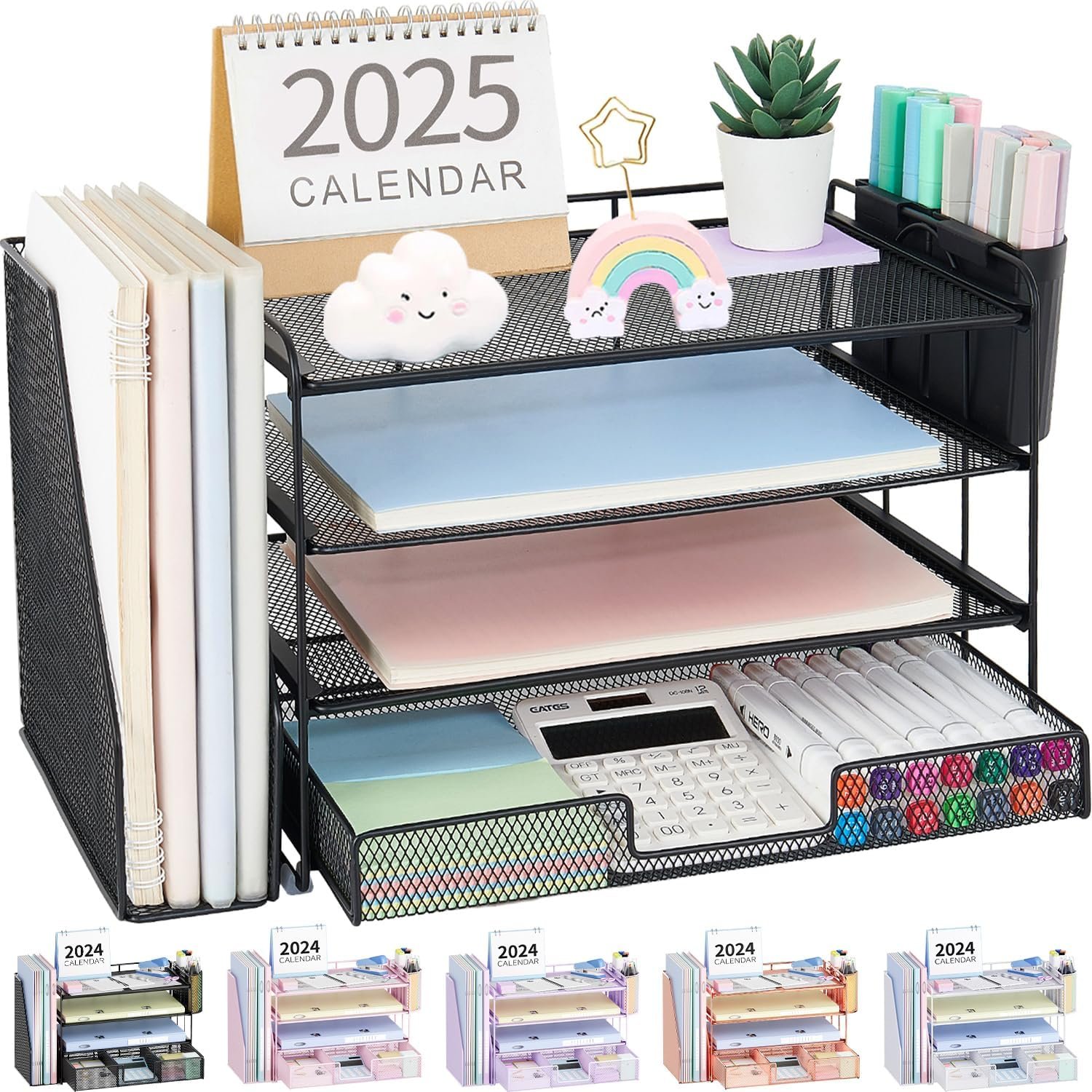 OPNICE Desk Organizer, 4-Tier Desktop File Organizer with Drawer and Pen Holders, Office Desk Accessories, File Sorters, Workspace Organizers for Office Supplies(Black)