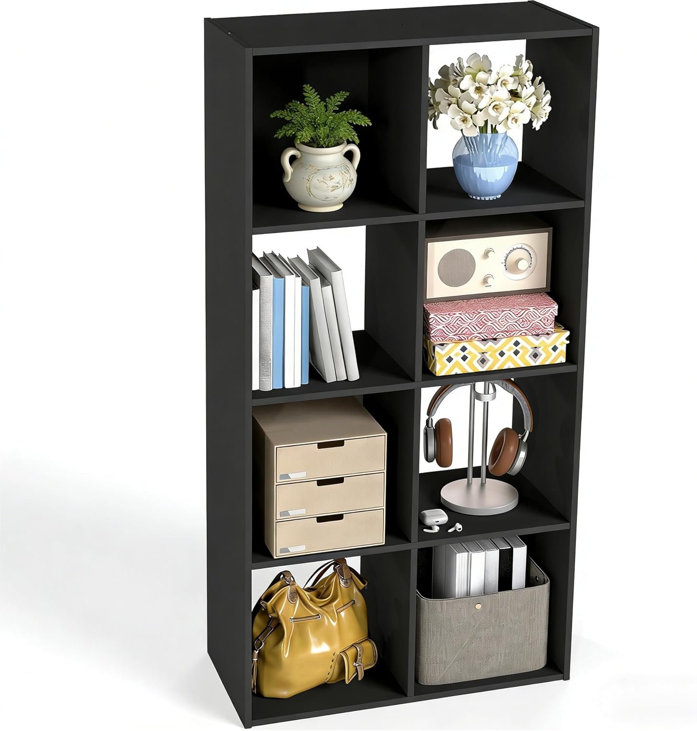 Simple Deluxe 8 Cube Storage Organizer, 4 Tier Stackable Bookshelf, Open Cube Bookshelf with 4 Removable Back Panels, Suitable for Living Room, Bedroom, Home Office, 47.7″ L X 11.6″ W X 24″ H, Black