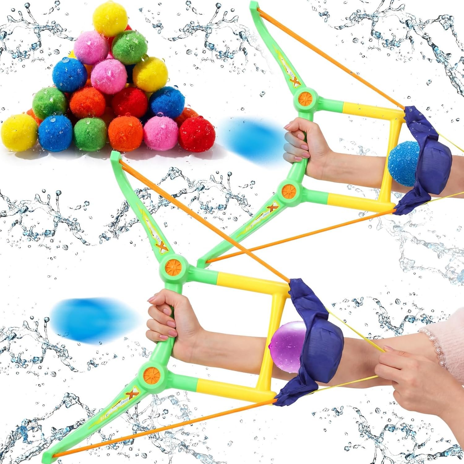 Soulchen 2 Pack Reusable Water Balloon Launcher Set with 60 Reusable Sponge Balls, Outdoor Water Slingshot Games for Summer Pool Backyard Beach Party Family Activities for Boys and Girls