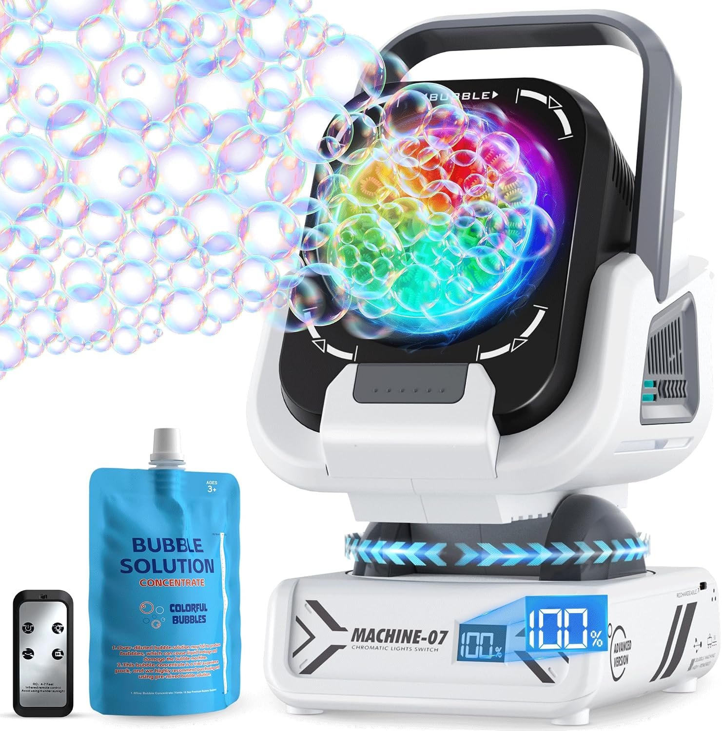 Bubble Machine for Kids, Outdoor Toys for Parties and Weddings | Rechargeable, Remote Control, Automatic Rotation, 7-Color RGB Lights
