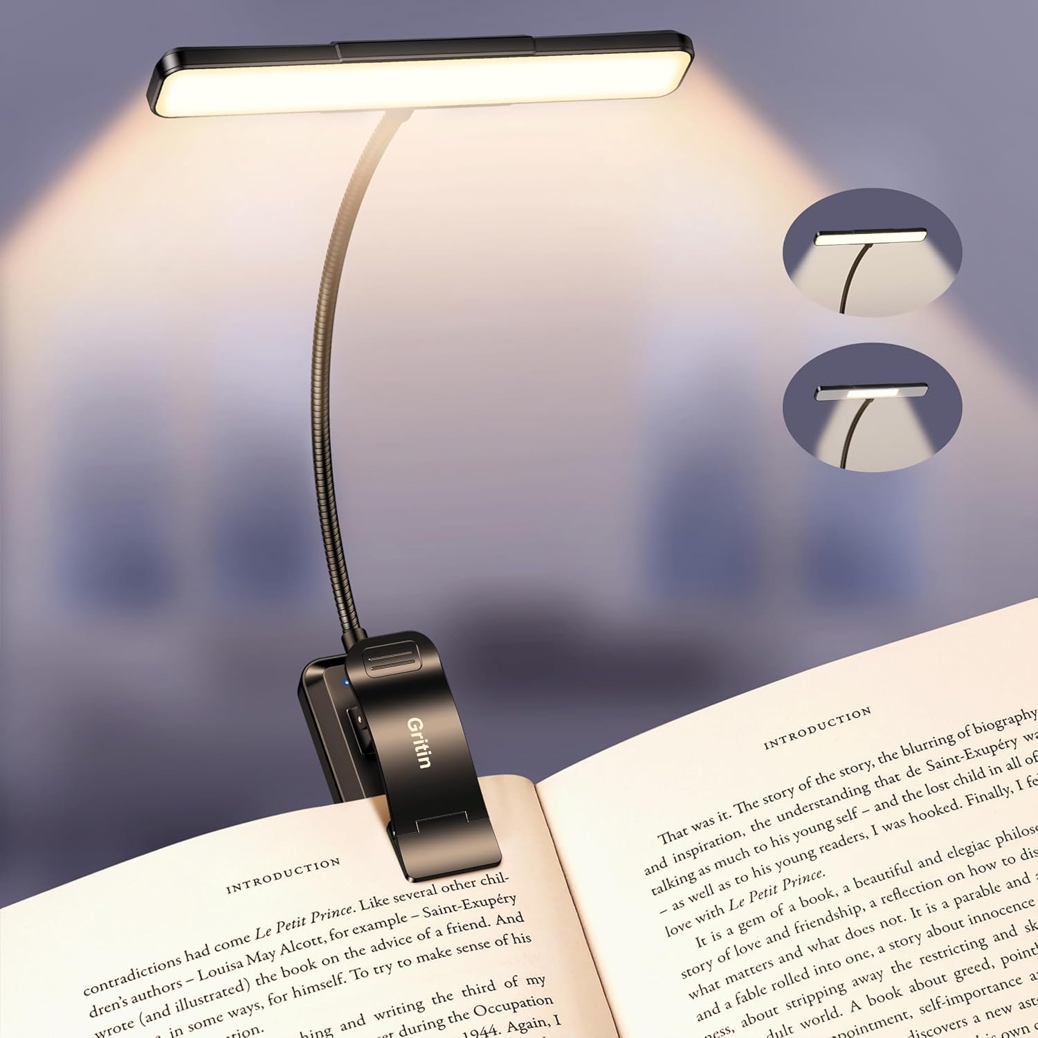 Gritin 2026 Gen 2 Book Light for Reading- 32 Eye Caring Full Spectrum LED | 5 Colors & 5 Brightness, Adjustable Wide/Narrow Beam, Upgrade 1500mAh Long-Lasting Rechargeable Clip on Light for Book Lovers