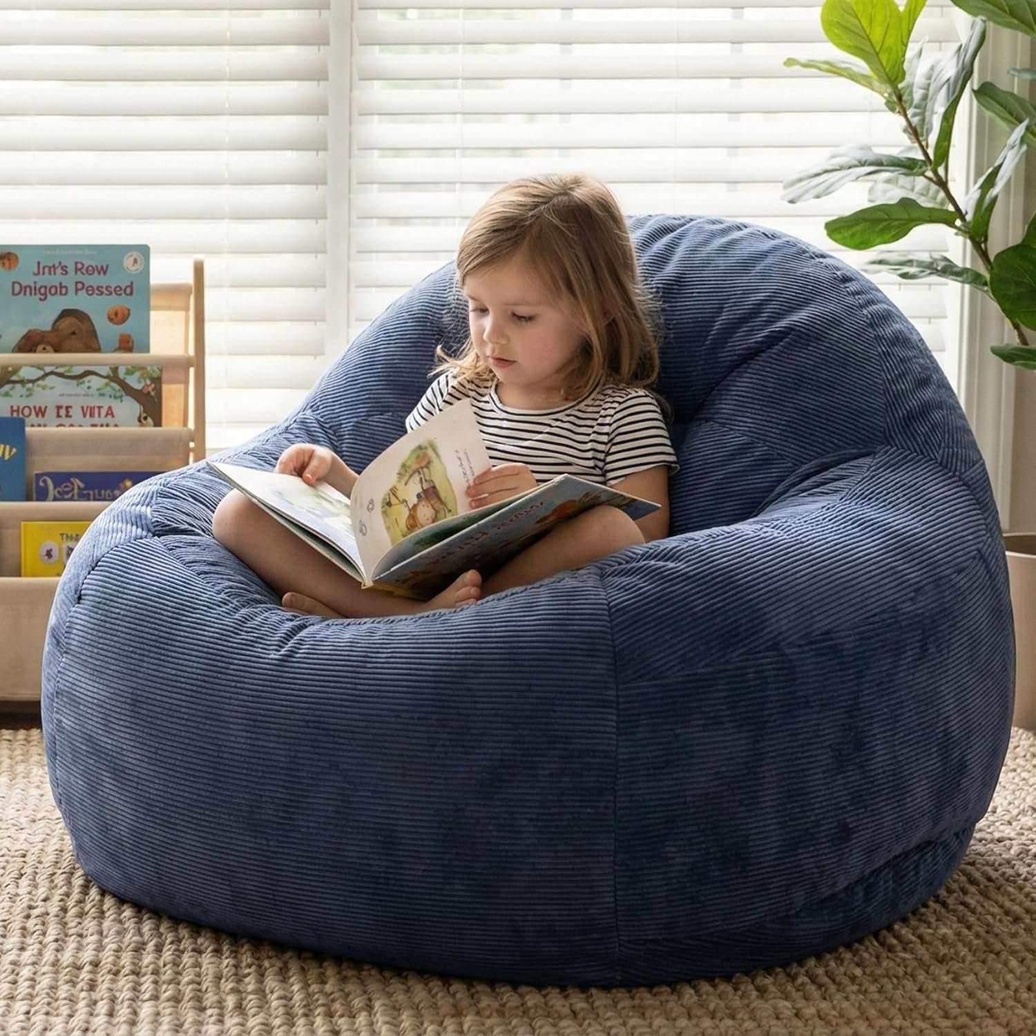 Bean Bag Chair for Kids/Teens with Armrests,Small Bean Bags | 3FT Round Memory Foam Filled Bean Bag,33’D’×33.5’W’×24’H’,for Bedroom/Living Room/Reading/Dorm (Navy Blue)