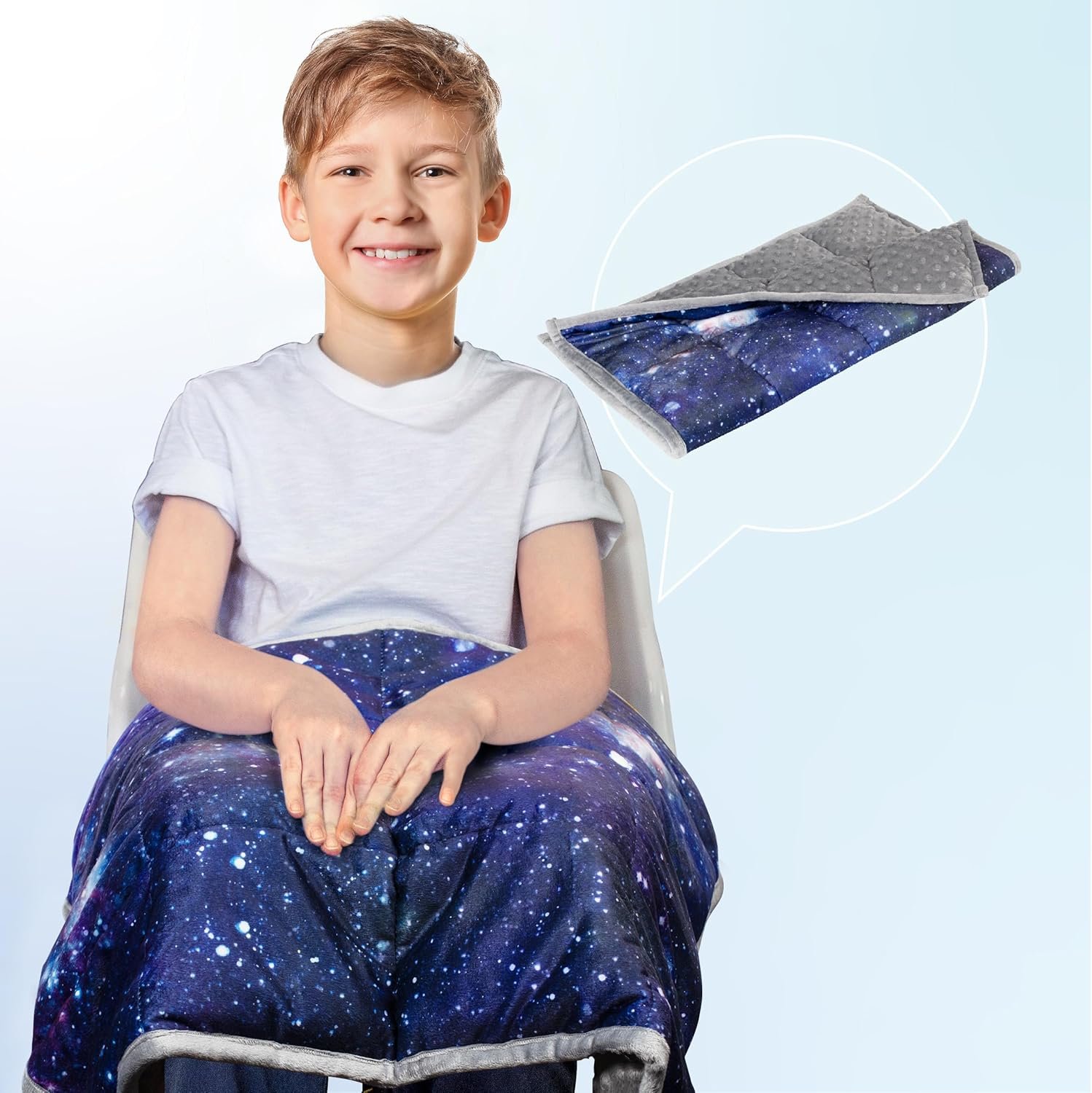 Solfres 5lbs Small Weighted Lap Pad Blanket Throw for Kids Boys Teens 20in x 23in – Sleep Therapy Plush Travel Size with Glass Beads, Dark Blue Universe Galaxy