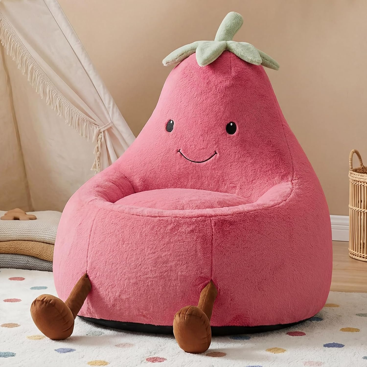 31″ Kids Bean Bag Chair for Reader, Living Room, Bedroom | Faux Rabbit Fur Cover, Comfy Lazy for Children, Toddler Couch for Teens & Kids, Aged 4-12 Years, Rose Red