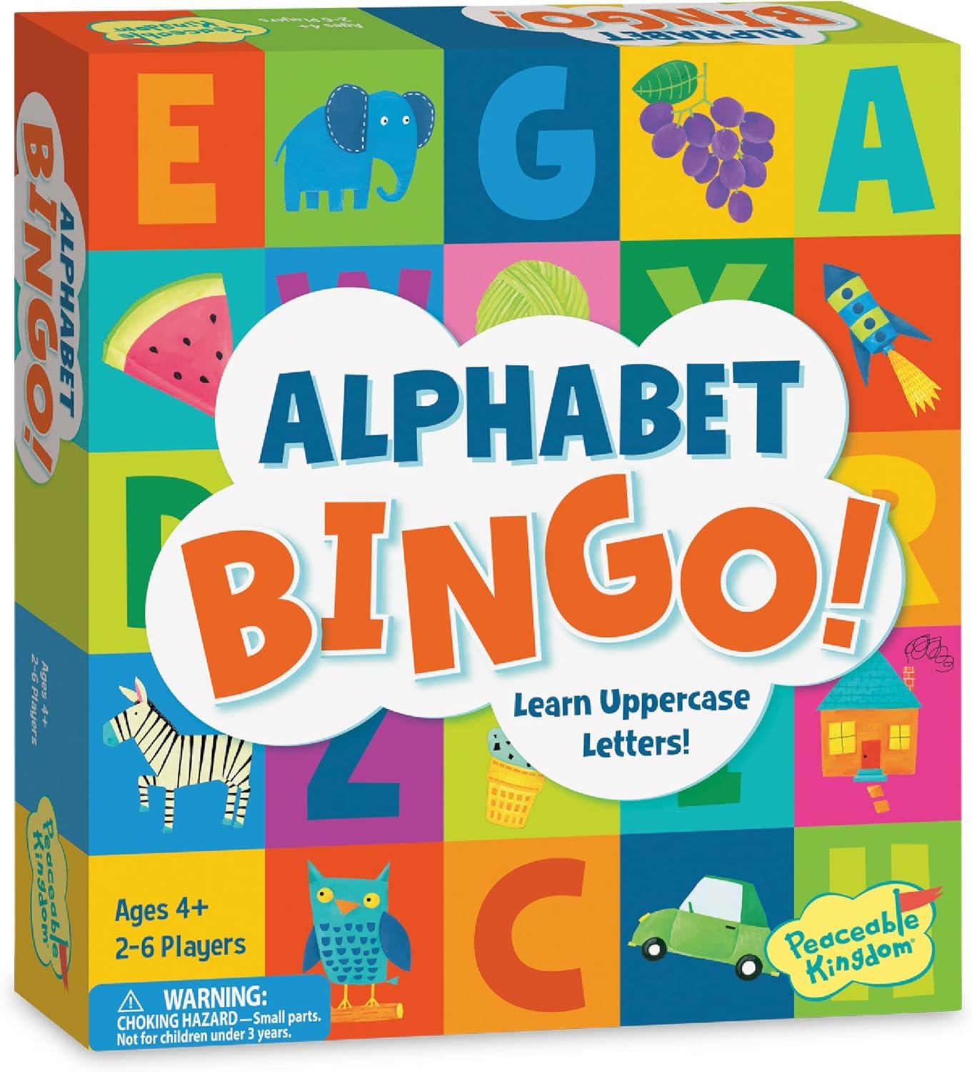 Peaceable Kingdom Alphabet Bingo! Letter Learning Educational Board Game for 2 to 6 Kids Ages 4+ | Teach letters and sounds with a bingo twist—6 boards, 26 letter tokens and 72 chips. Educational fun for ages 4+