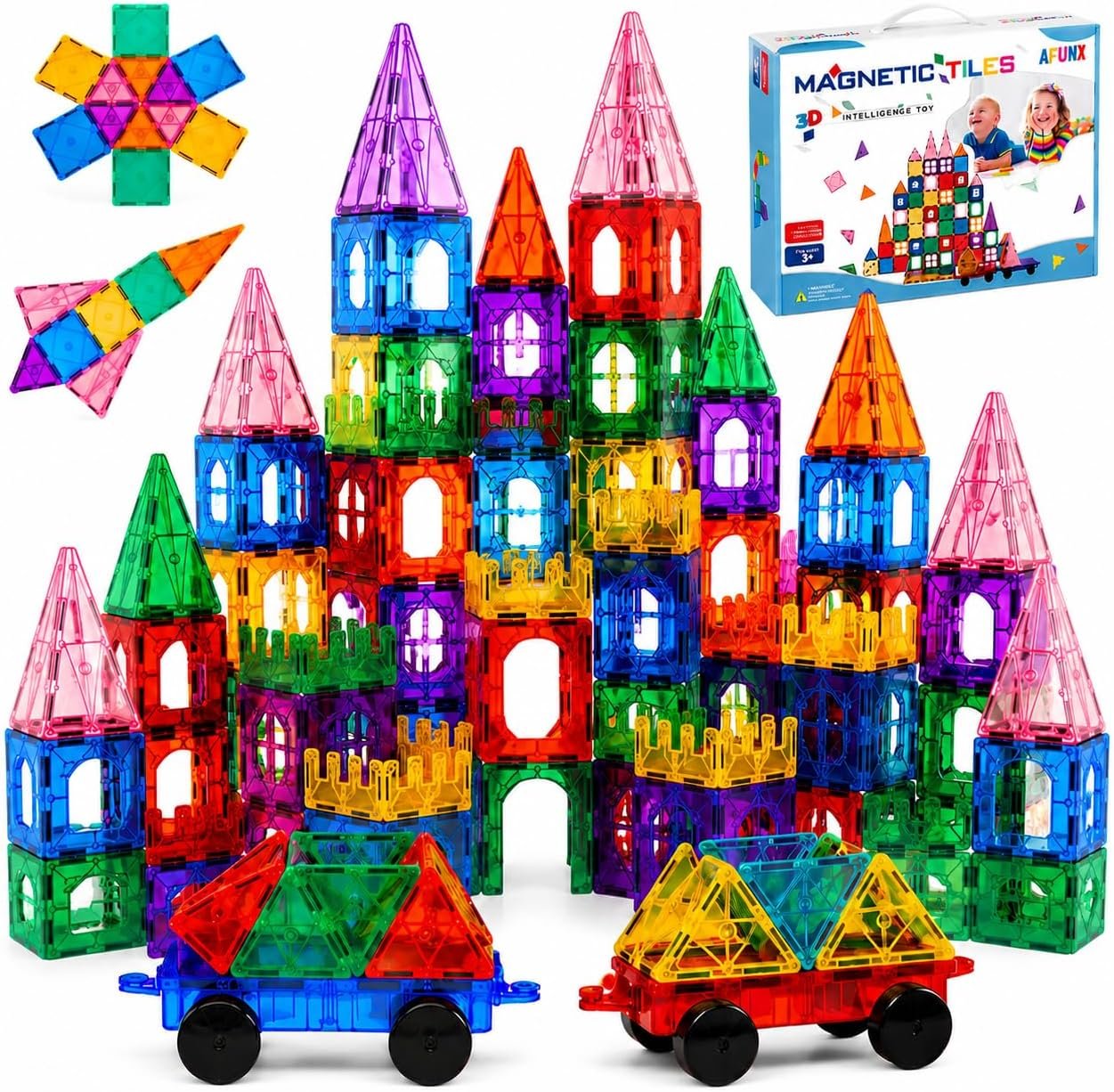 AFUNX Magnetic Tiles,102PCS Magnetic Building Blocks 3D Clear Construction Playboards, Inspiration, Creativity Beyond Imagination, Educational Magnet Toy Set for Kids with 2 Cars | Endless Building Possibilities,Discover Magic of Magnets Through Play,Safe ABS and Smooth Edges,with Magical Light and Shadow