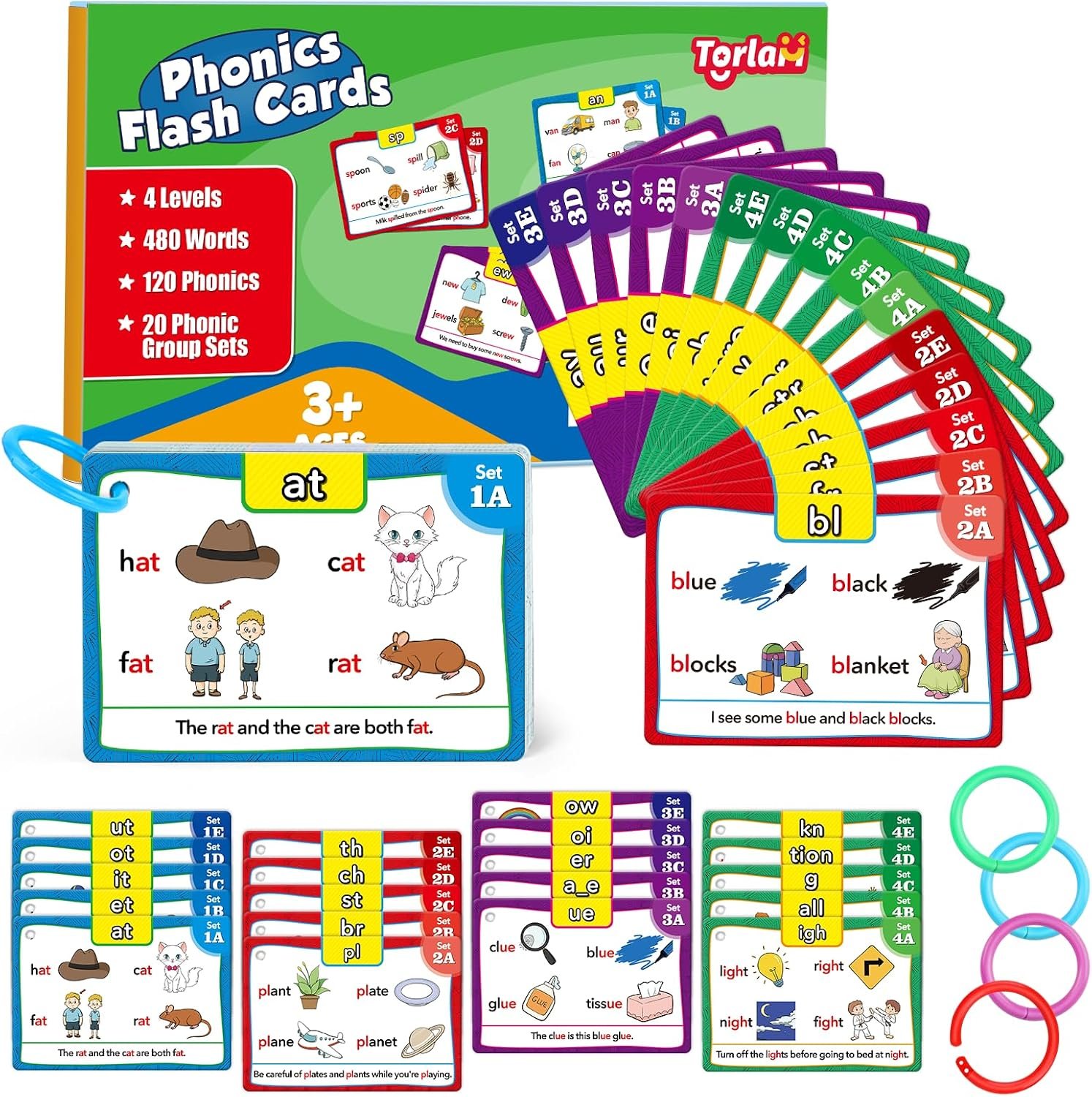 Torlam Phonics Flash Cards Learn to Read Spelling Reading Sight Words Phonics Games, Digraphs CVC Blends Long Vowel Sounds Kids Dolch Fry Site Words for Pre-k Kindergarten 1st 2nd 3rd Homeschool