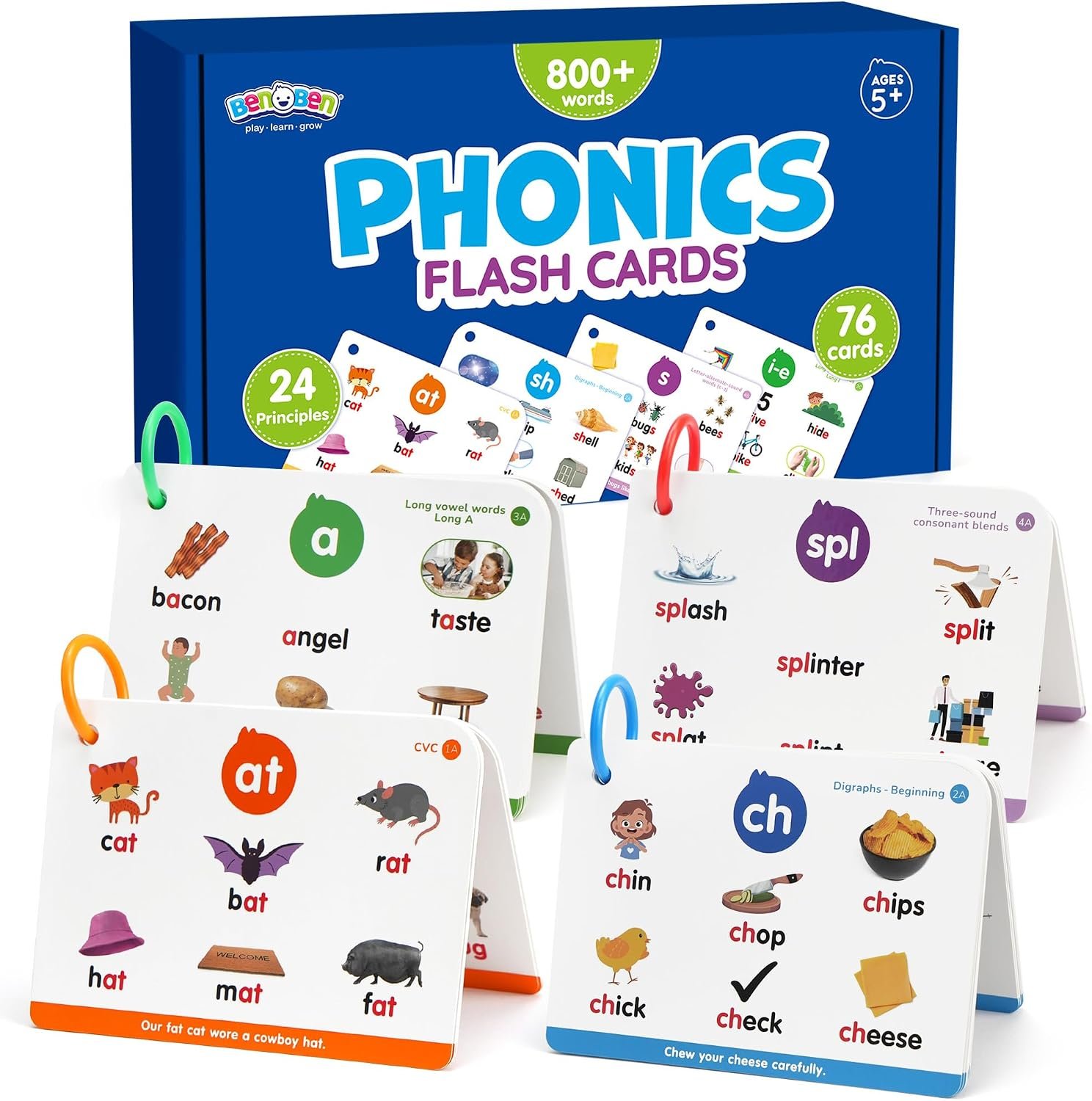Phonics Flash Cards, 76 Cards 24 Principles, Learn to Read Phonics Games | CVC Digraphs Blends Long Vowel Sounds, Classroom Homeschool Educational Toys for Kids Ages 4-8 Kindergarten 1st 2nd Grade