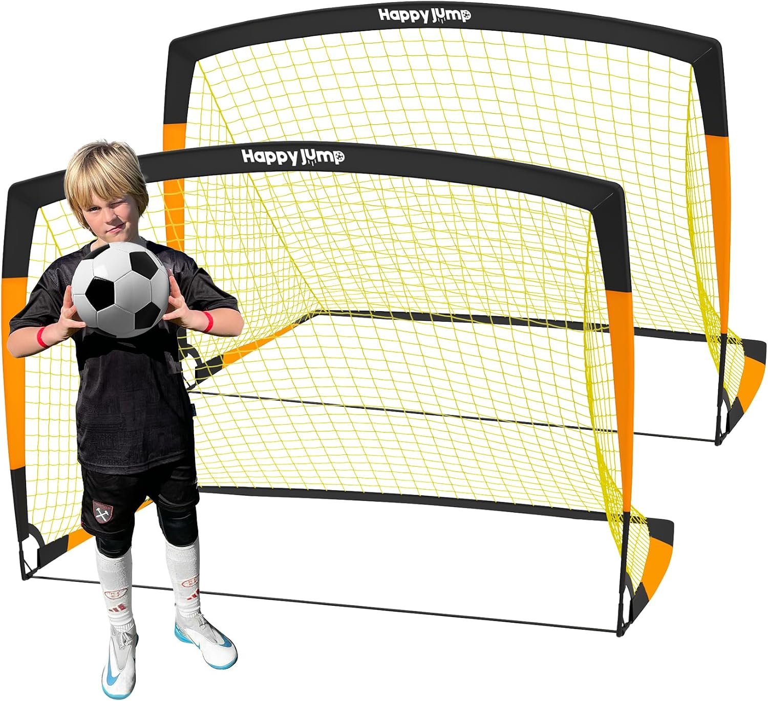 Happy Jump 7×5′ & 5×3.6′ Portable Soccer Goals for Kids Ages 6-14, Weatherproof Net and Steel Frame for Backyard Fun and Outdoor Training, Quick Setup and Sturdy for All Weather Conditions