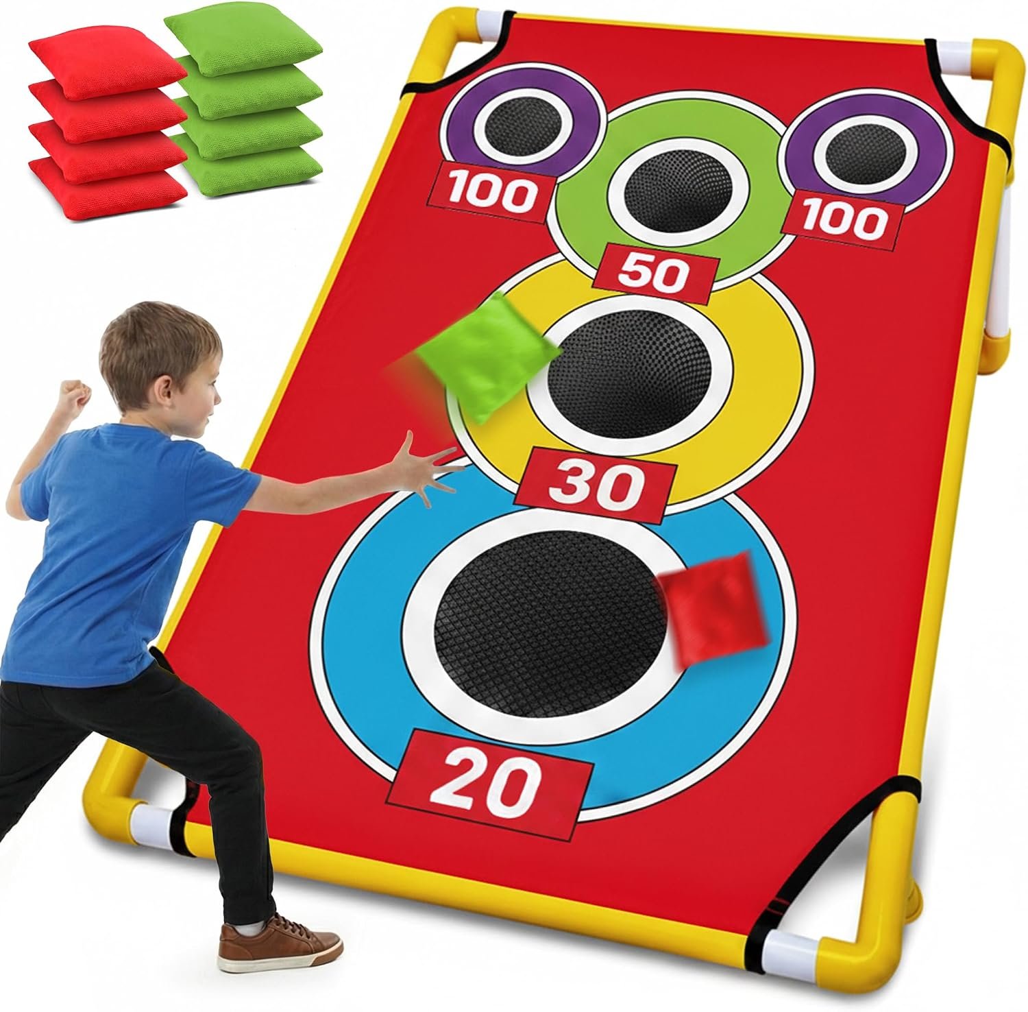 Cornhole Board with 21+ Games, 8 Bean Bags – Arcade Style Corn Hole Games for Adults and Kids, Portable Outdoor Yard Games for Kids & Family, Beach, Camping and Parties, 24×36