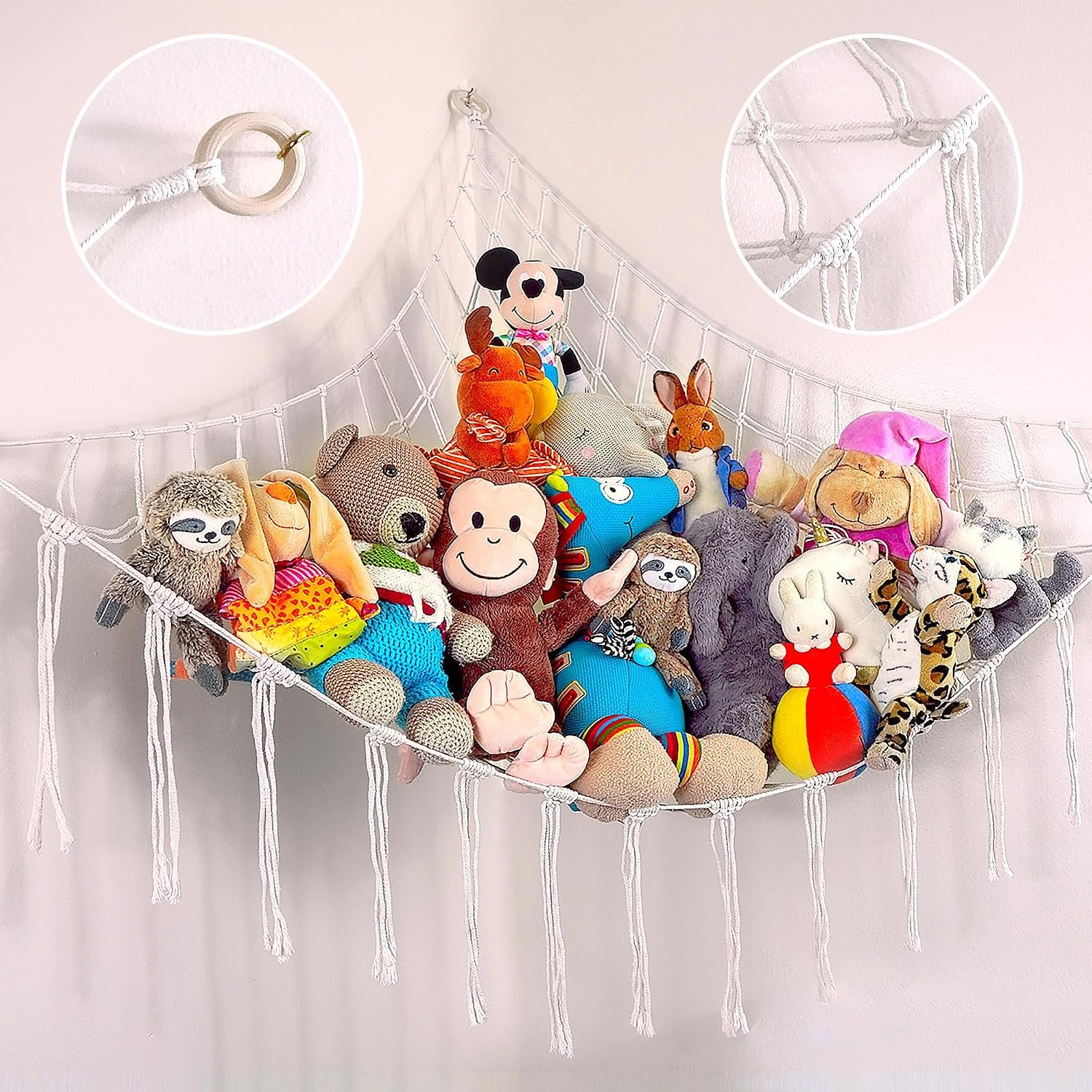 ABBY BABY Large Stuffed Animal Hammock Corner – Stuffed Animal Storage – 100% Natural Cotton Macrame Stuffed Animal Net – Stuff Animal Organizer – Net For Stuffed Animals Corner Large-Beige